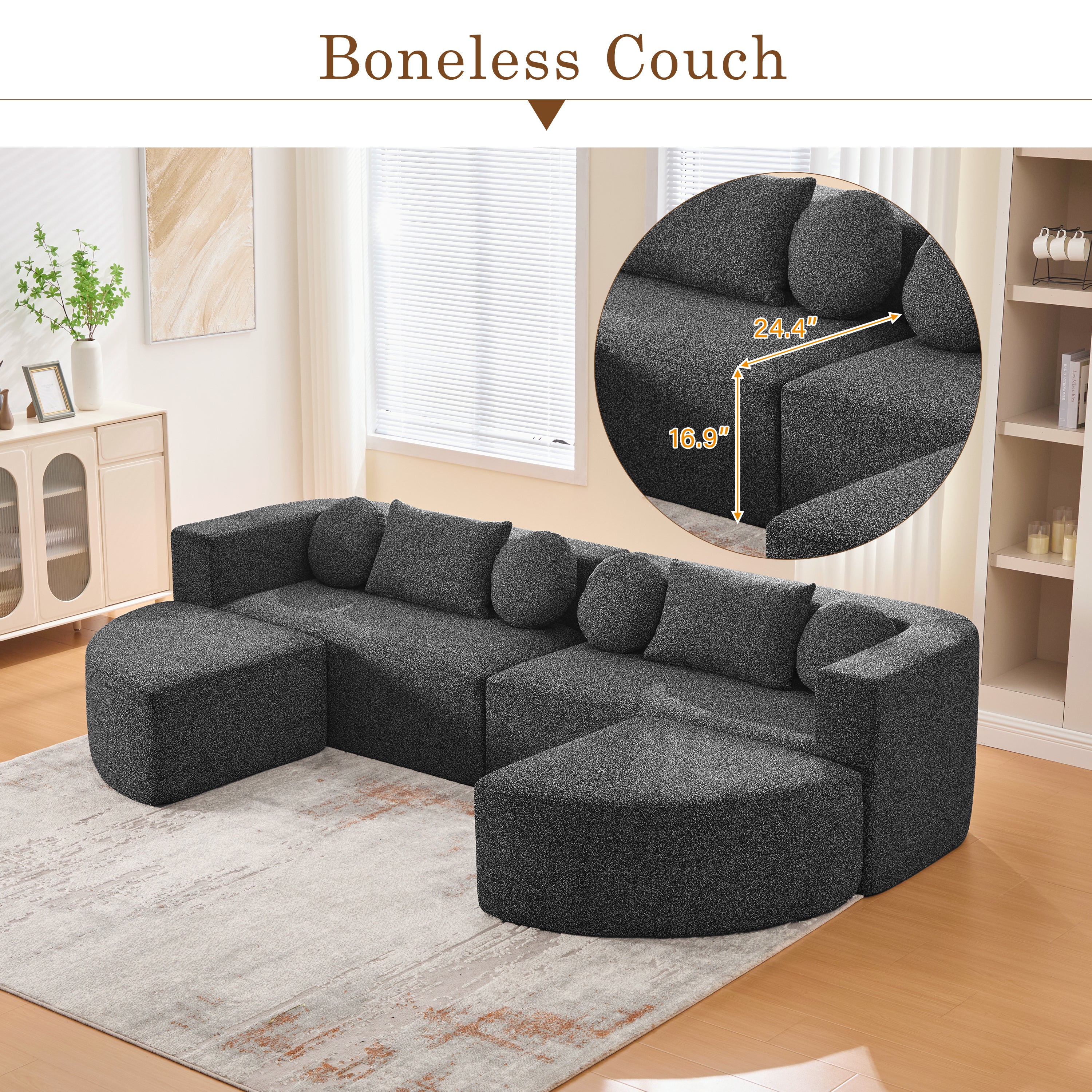Boneless Modular Sectional Sofa 1With Deep Seating And Curved Design - Black