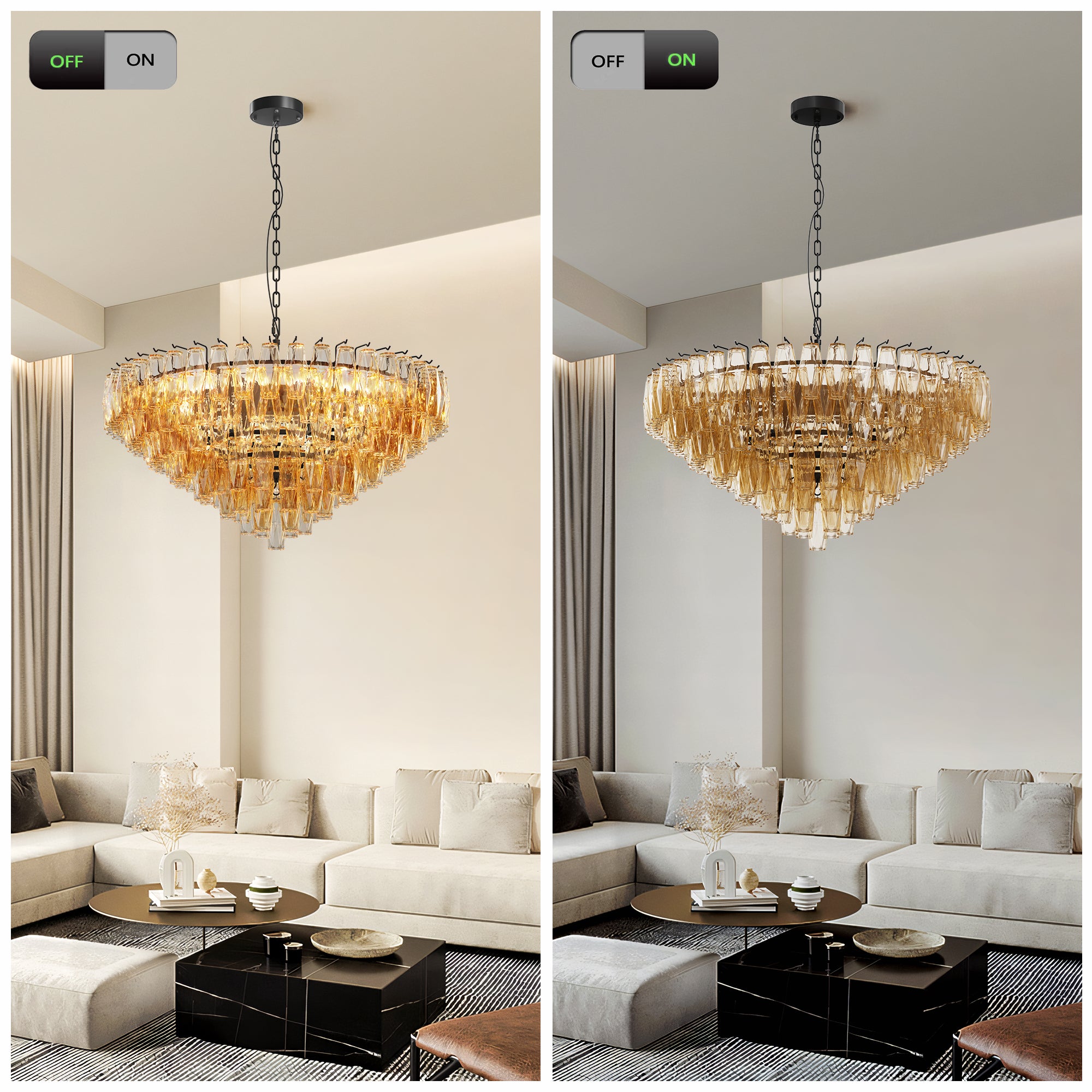 Modern Round Chandelier, 37 Extra Large Black Chandeliers, 14-Light With Tiered Smoke Glass Tubes Ceiling Light, Pendant Lighting