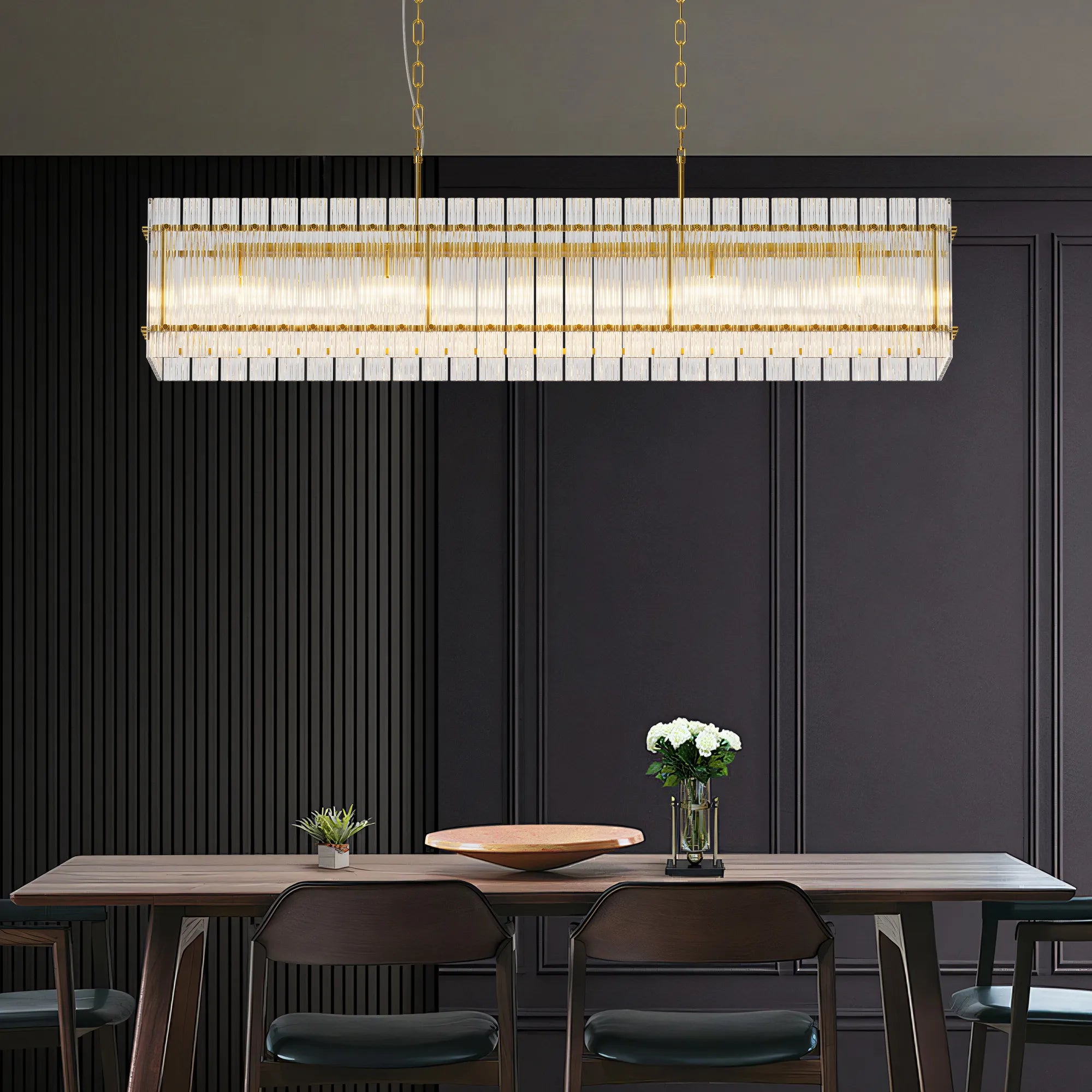 Modern Rectangular Crystal Glass Chandelier, 10-Lights Black Chandelier Lighting Contemporary Pendant Ceiling Light Fixture
