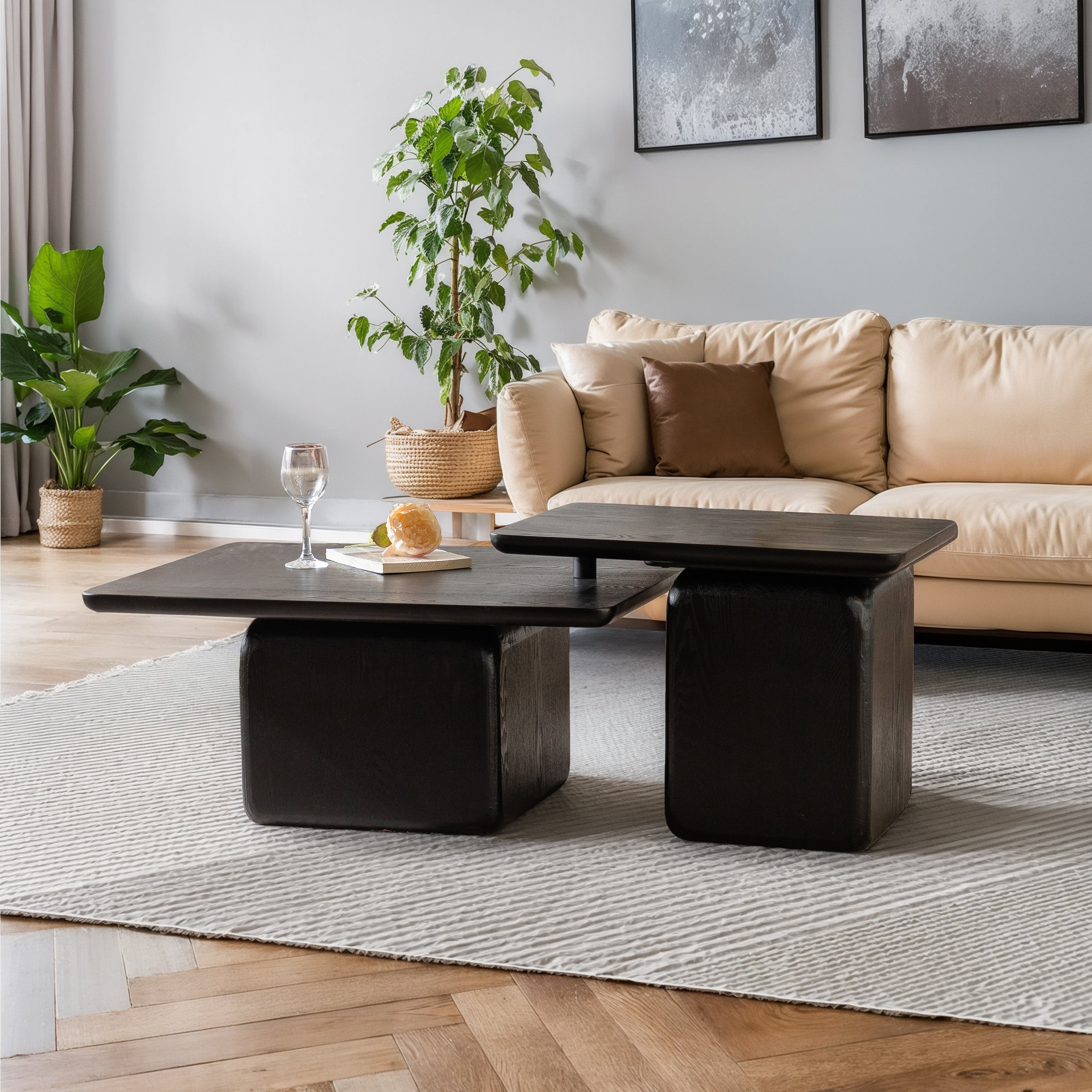 Vintage Fashion Style Square Coffee Table Set With Wood Grain Finish - Black