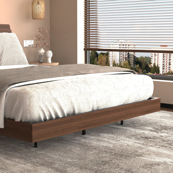 Floating Queen Size Bed Frame With Led Lights And Charging Station - Walnut