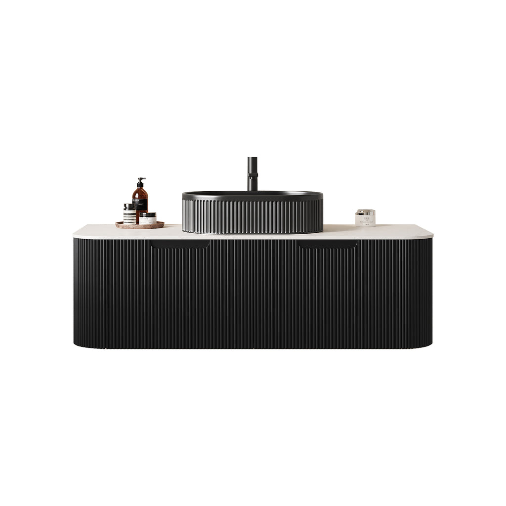 Floating Bathroom Vanity With Sink and Curved Edges Striped Storage Cabinet With 2 Drawers - Black Ceramic