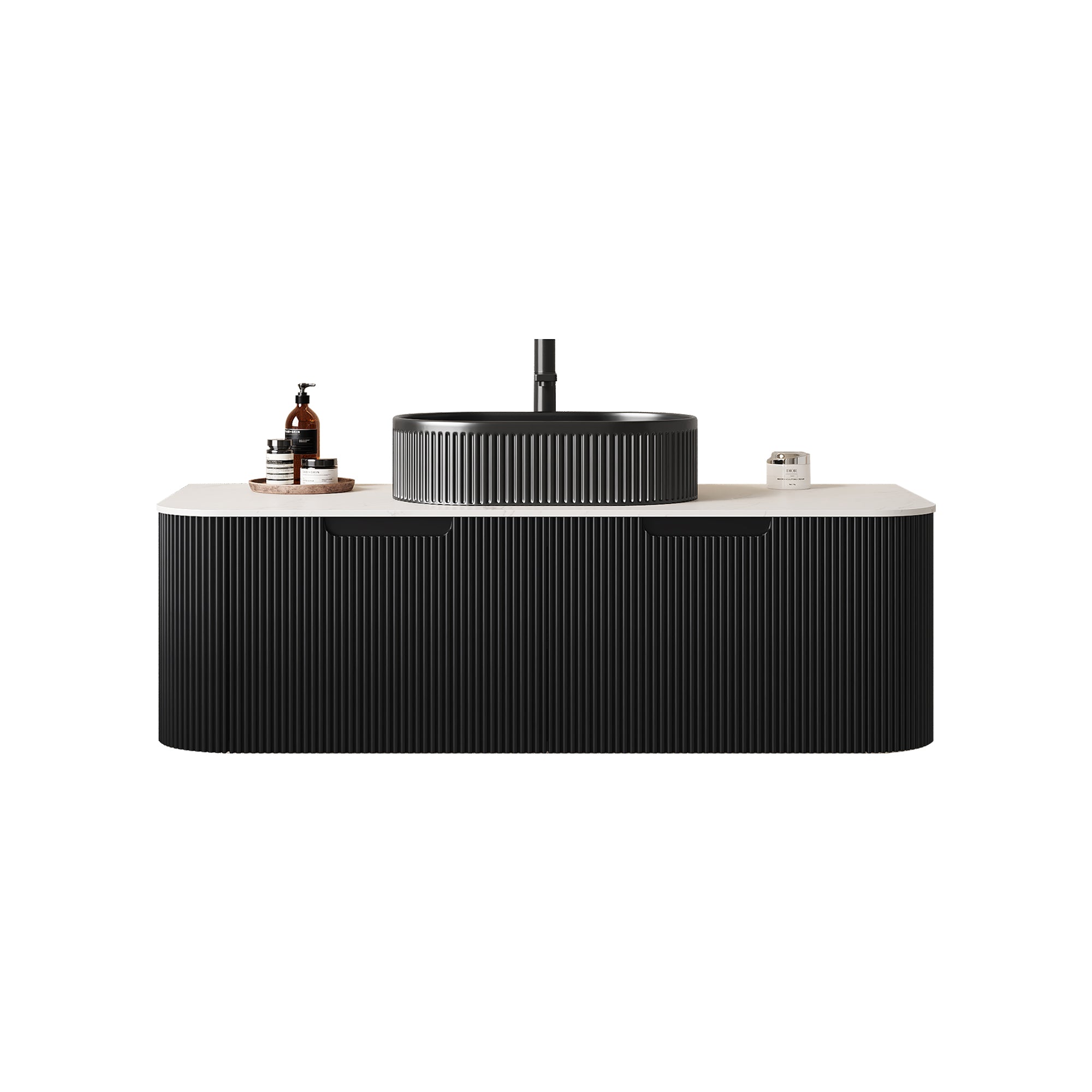 Floating Bathroom Vanity With Sink and Curved Edges Striped Storage Cabinet With 2 Drawers - Black Ceramic