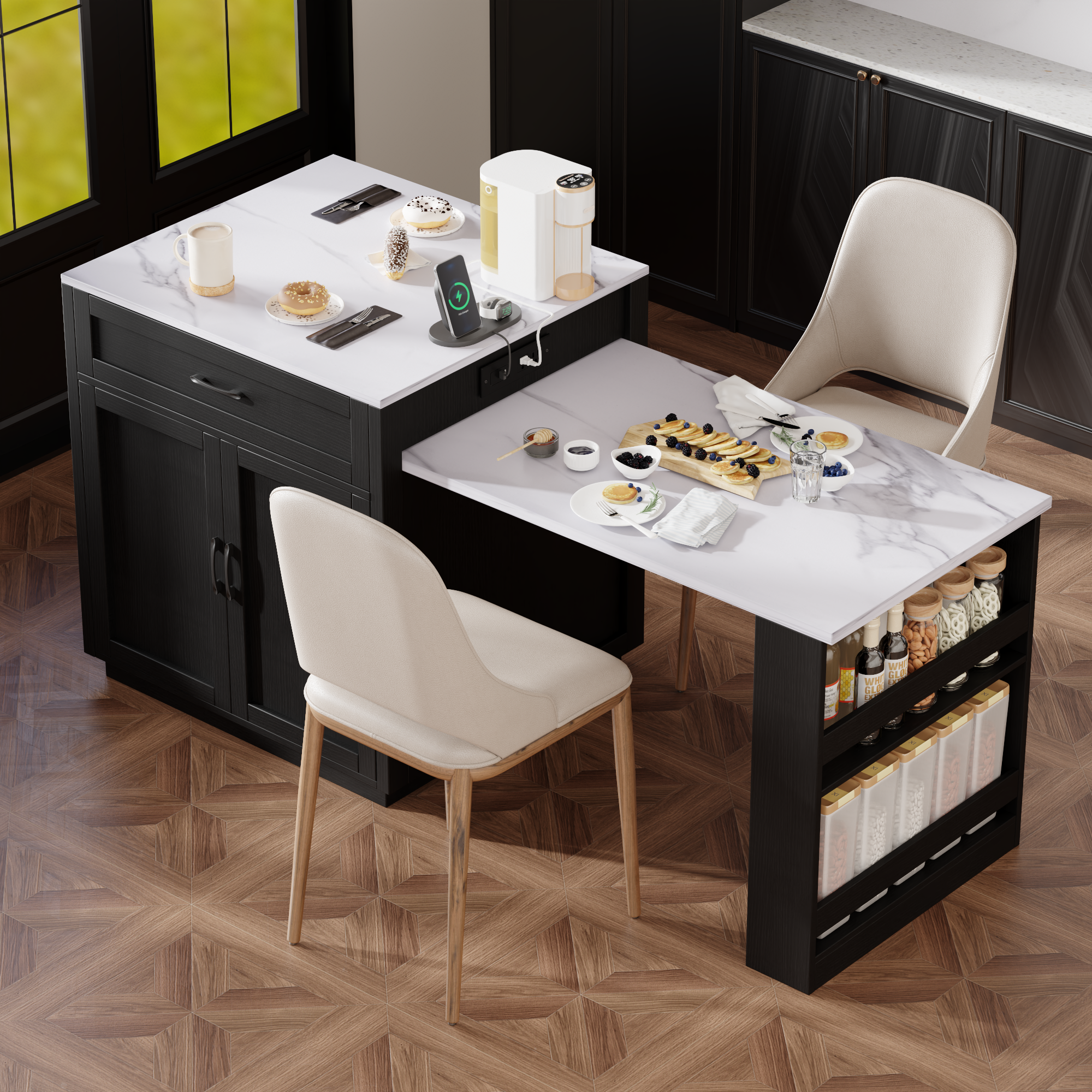 Kitchen Island in Mable With Extendable Dining Table and Storage - Black