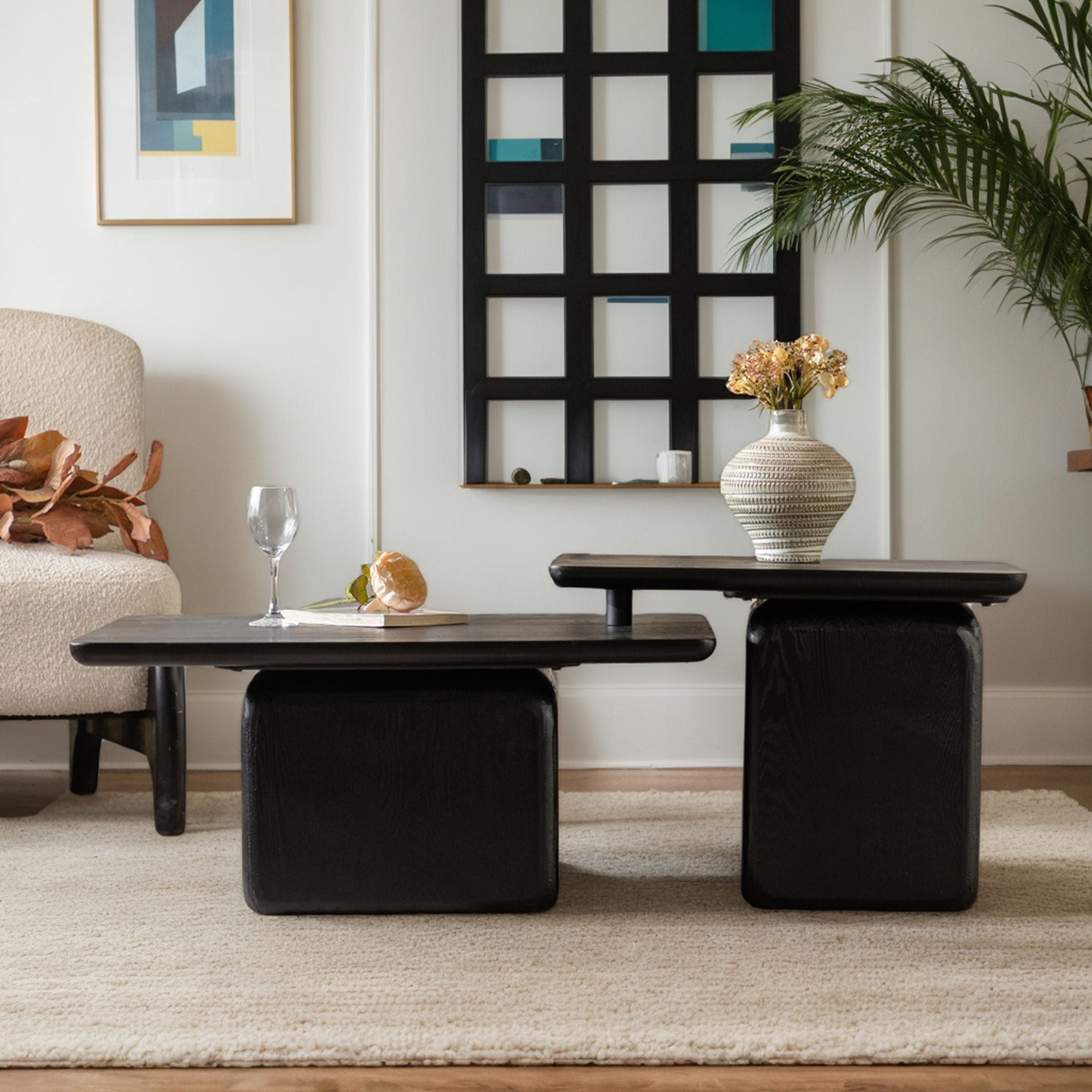 Vintage Fashion Style Square Coffee Table Set With Wood Grain Finish - Black
