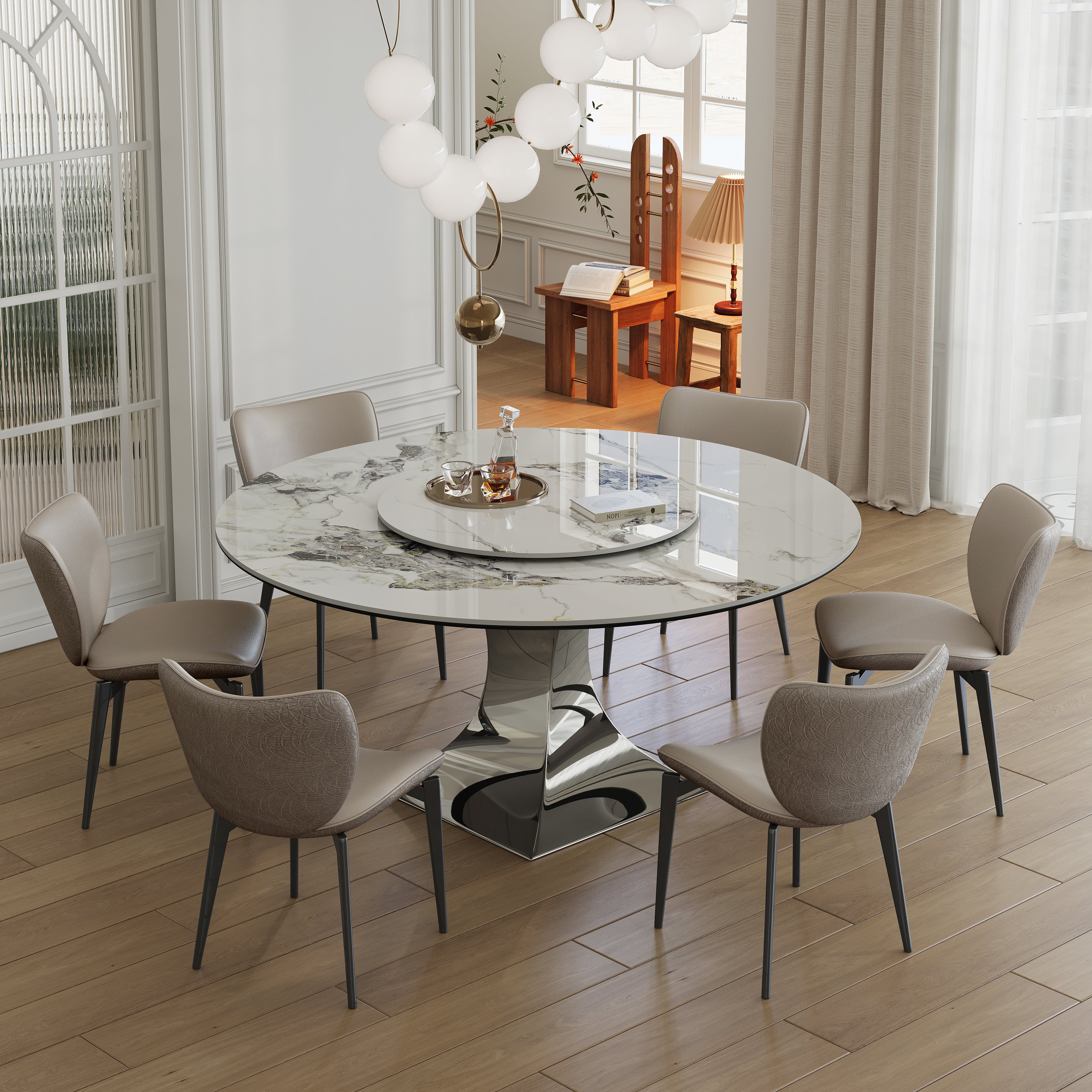 Round Sintered Marble Stone Dining Table Set With Stainless Steel Black Titanium Hourglass Base