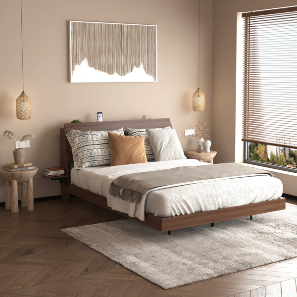 Floating Queen Size Bed Frame With Led Lights And Charging Station - Walnut
