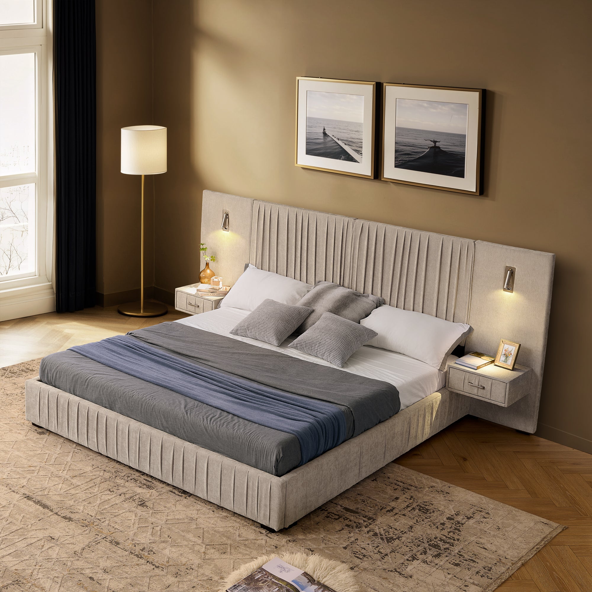 Queen Size Upholstered Bed Frame With Chenille Fabric and Pleated Design - Beige