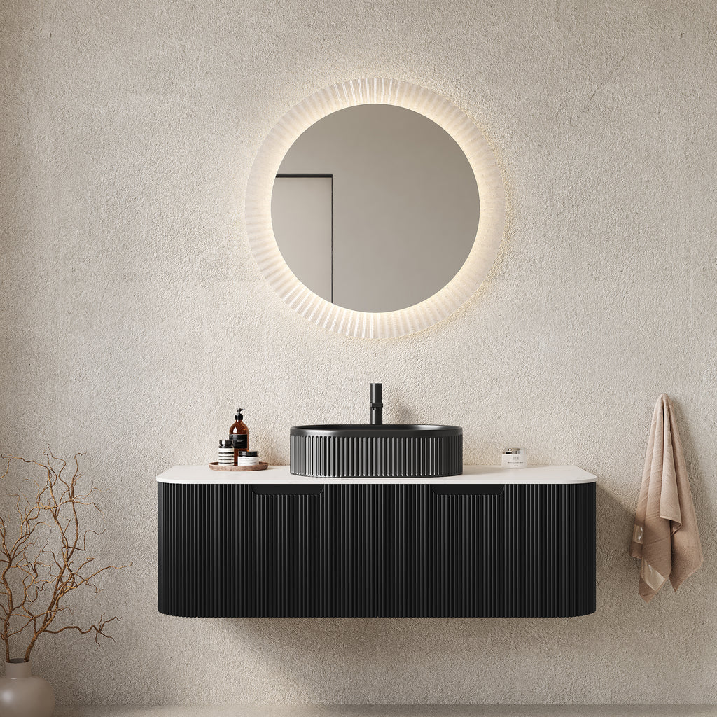 Floating Bathroom Vanity With Sink and Curved Edges Striped Storage Cabinet With 2 Drawers - Black Ceramic