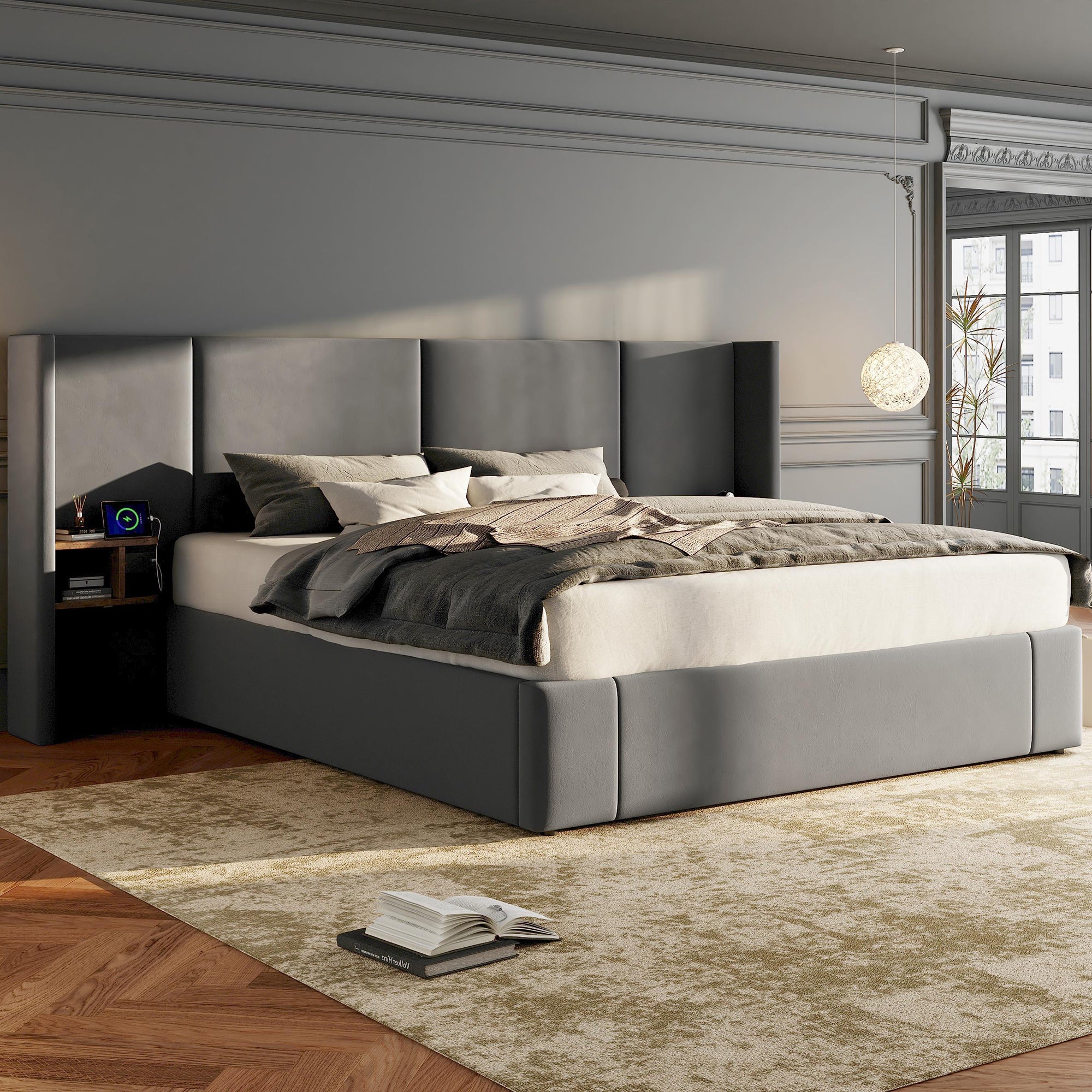 Upholstered Queen Size Bed With Two Bedside Tables - Grey