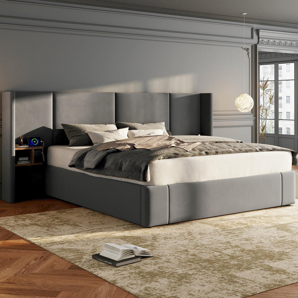 Upholstered Queen Size Bed With Two Bedside Tables - Grey