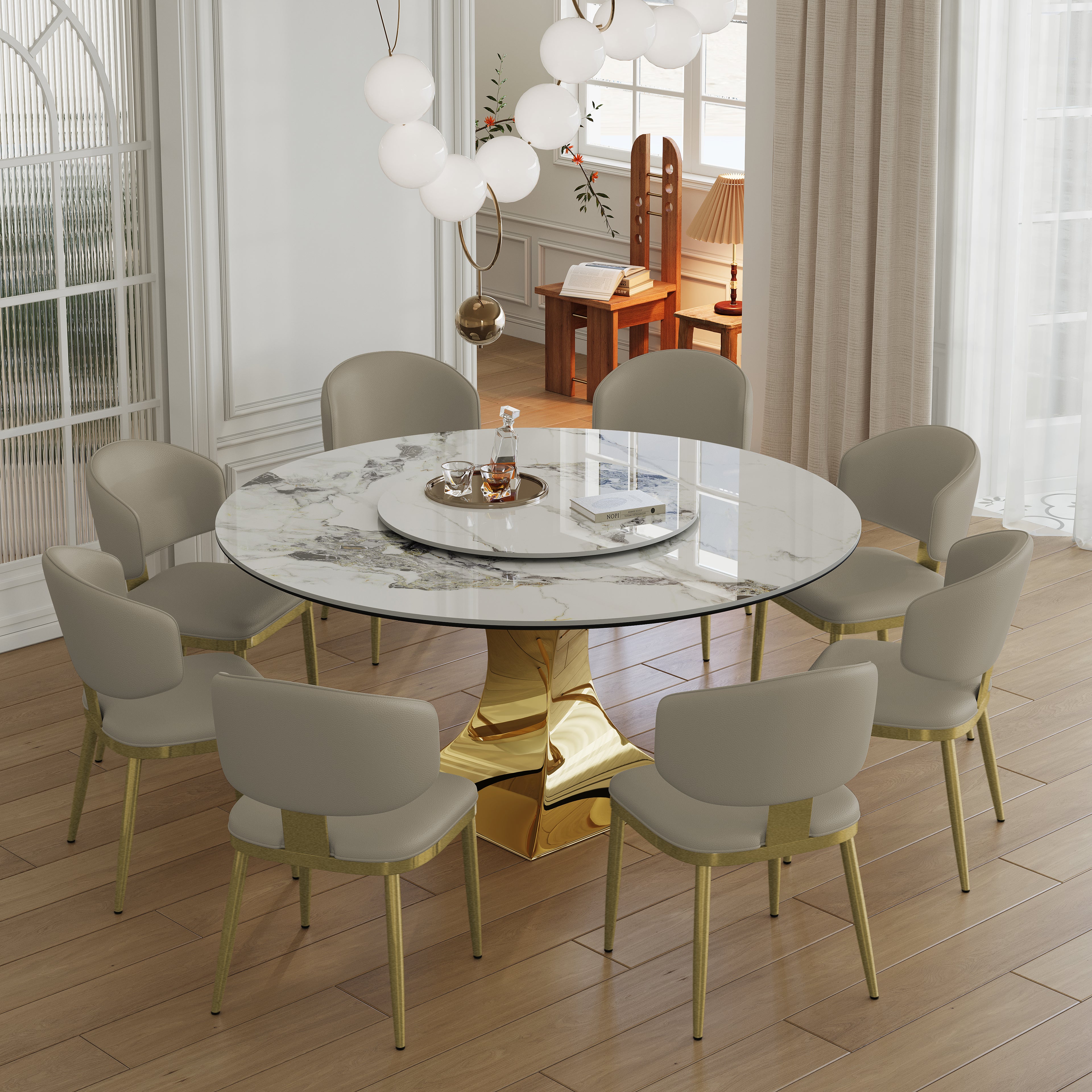 Round Sintered Stone Dining Table Set With Gold Stainless Steel Hourglass Base