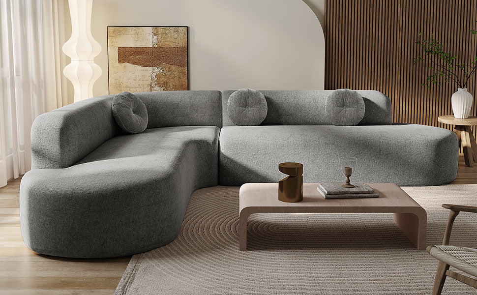 Curved Design Large Sectional Sofa With Three Round Cushions - Grey