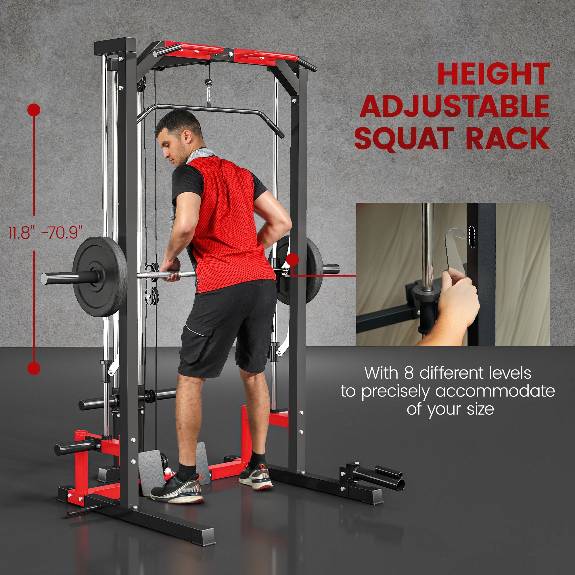 Smith Machine Power Rack with Pull Up Bar, Lat Pull Down System, Landmine, Squat Rack, Barbell Bar, for Home Gym