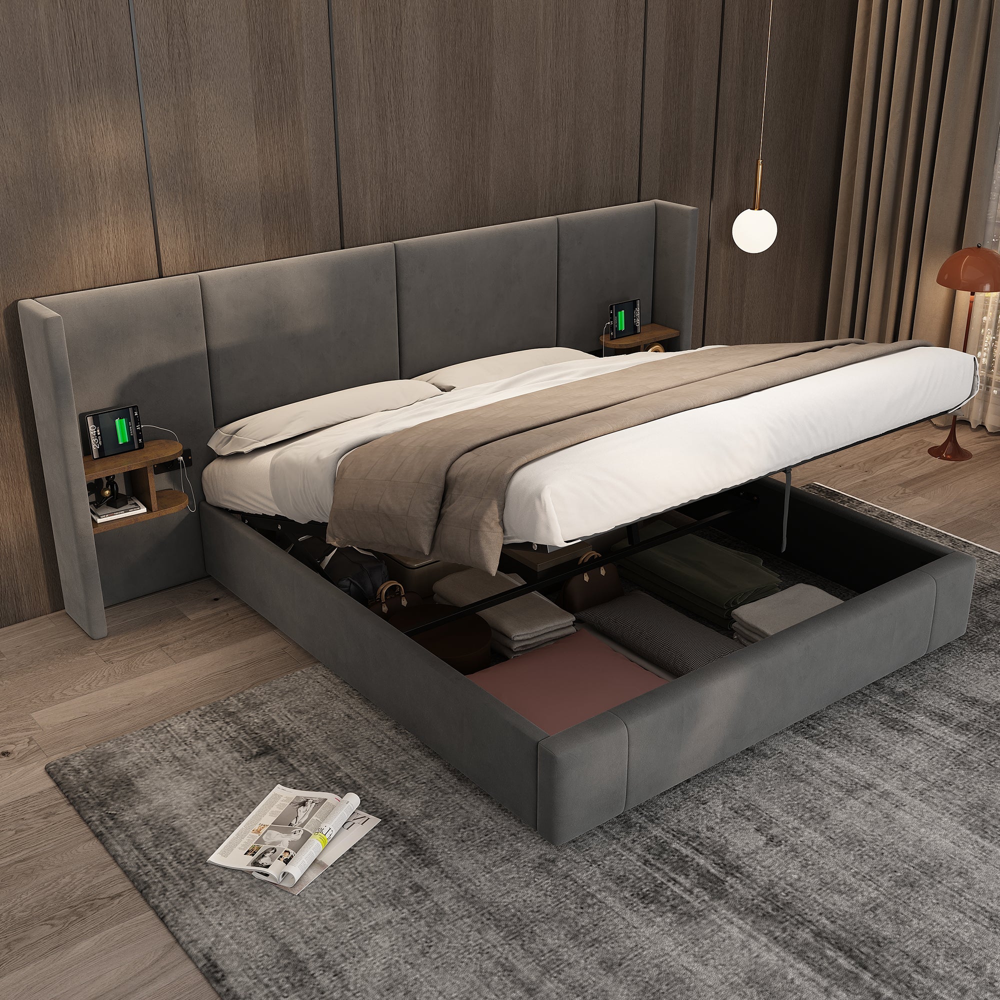 Upholstered Queen Size Bed With Two Bedside Tables - Grey