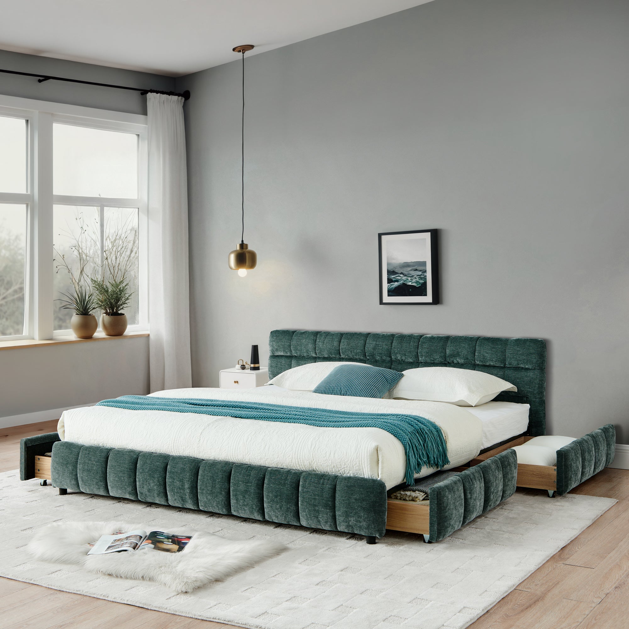 California King Size Upholstered Bed With Headboard And Drawer For Storage - Olive