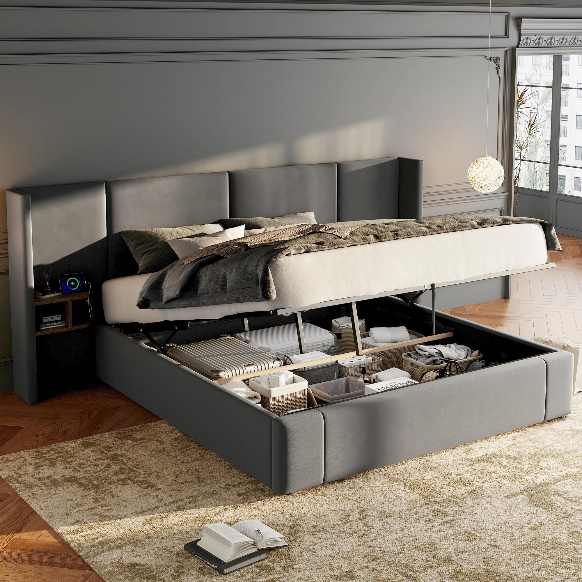 Upholstered Queen Size Bed With Two Bedside Tables - Grey