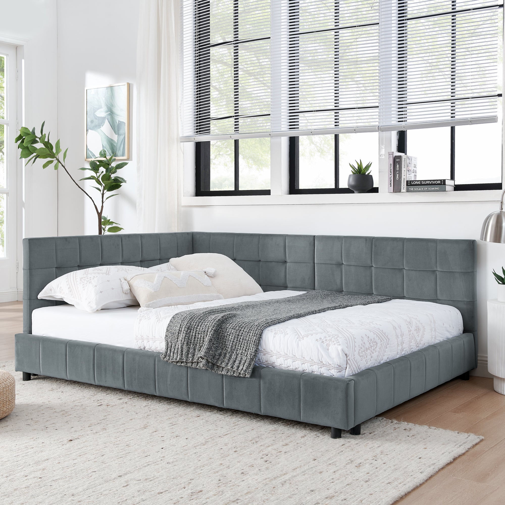 Queen Size Upholstered Tufted Bed Frame With Comfortable Backrest And Armrests - Velvet Gray