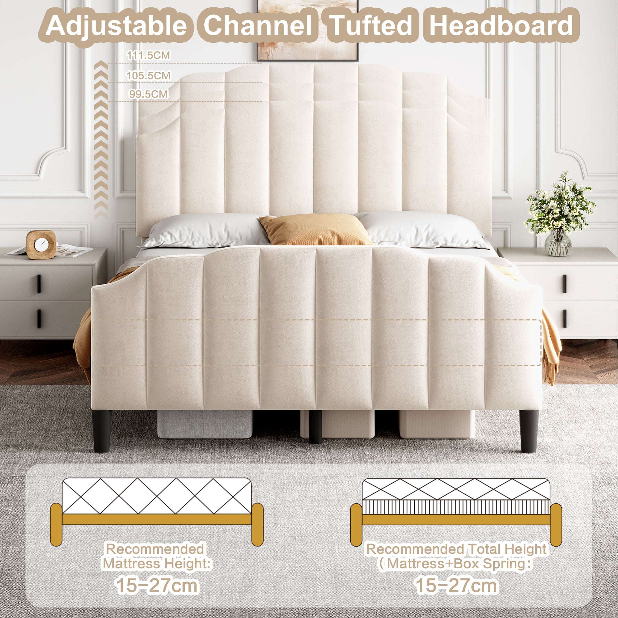Velvet Upholstered Double Bed Frame - Beige