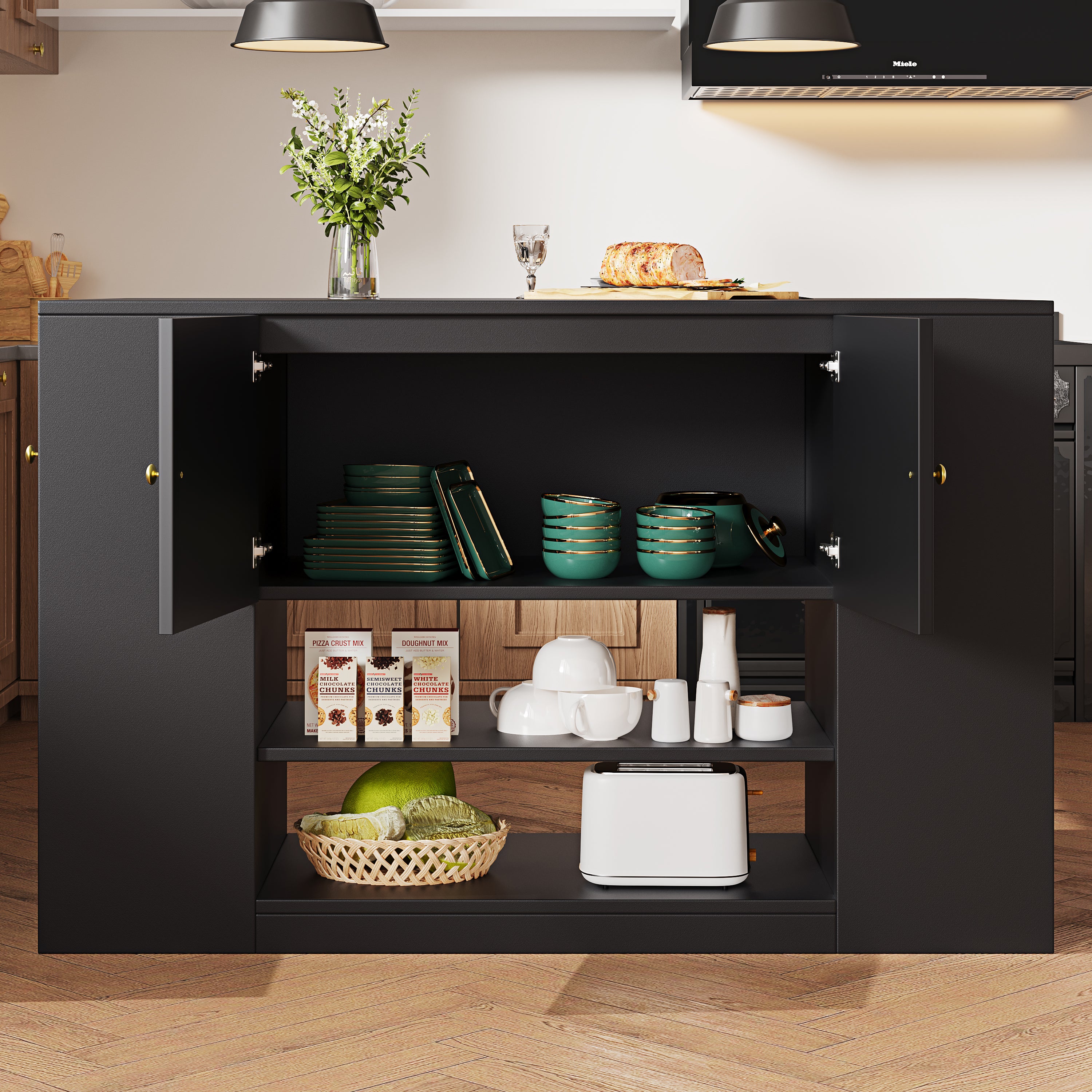 Kitchen Island Cabinet With Drawers And Shelves - Black