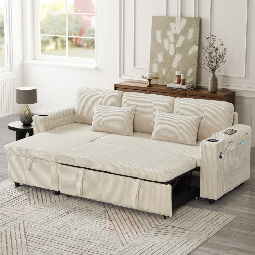 3 In 1 Convertible Corduroy Sofa Bed With Storage And Charging Station
