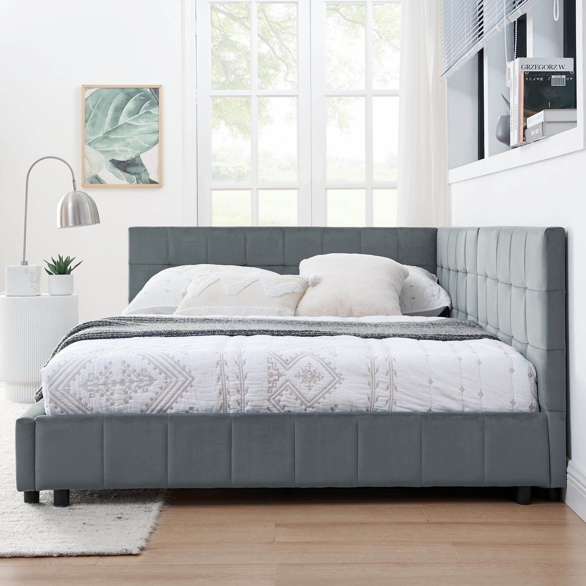 Queen Size Upholstered Tufted Bed Frame With Comfortable Backrest And Armrests - Velvet Gray