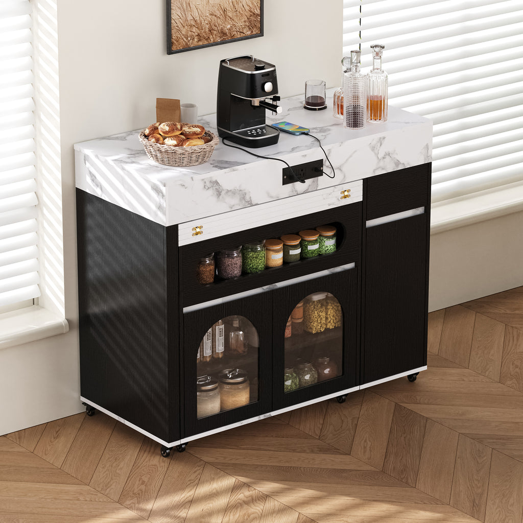 Extendable Kitchen Island With Dining Table and Storage - Black