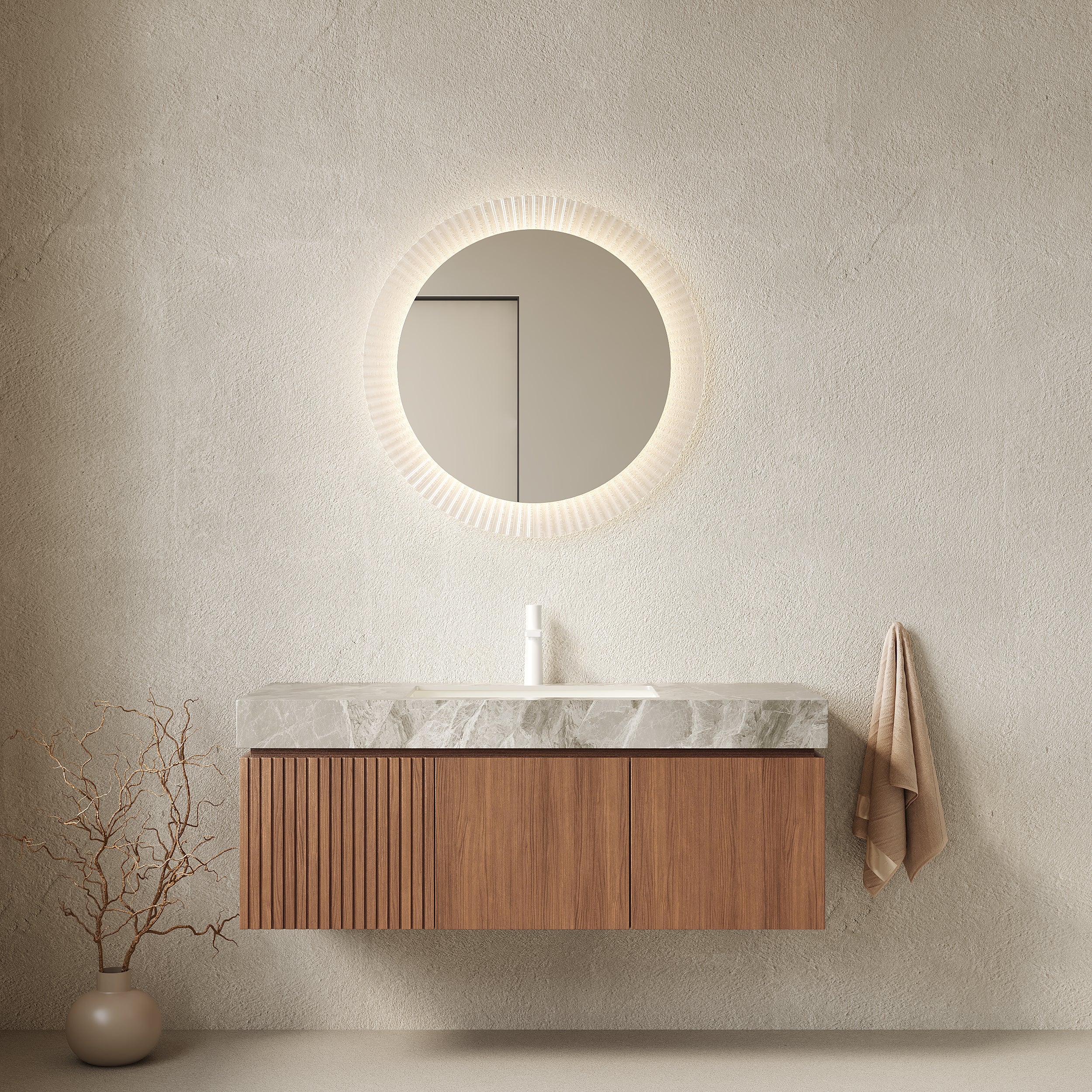 Floating Bathroom Vanity Sink and Plywood Storage Cabinet With Drawer & Doors - Brown Oak Woodgrain