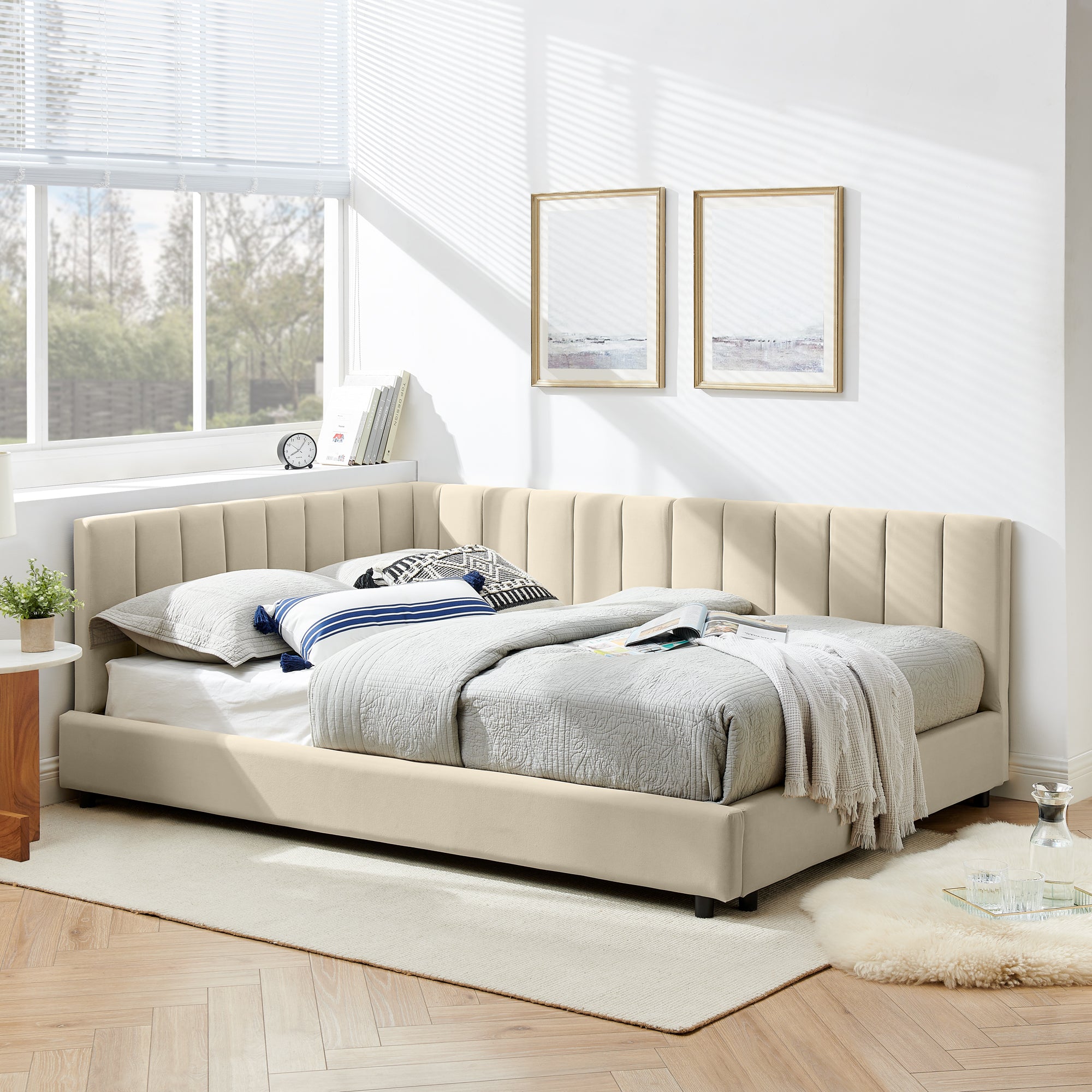 Queen Size Upholstered Tufted Bed Frame With Comfortable Backrest And Armrests - Velvet Beige