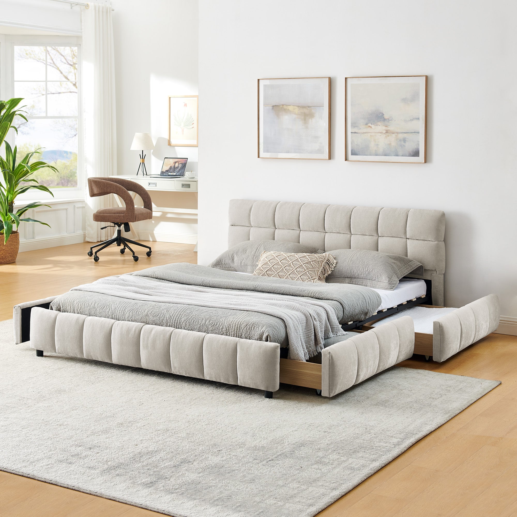 Queen Size Upholstered Bed With Headboard And Drawer For Storage - Beige