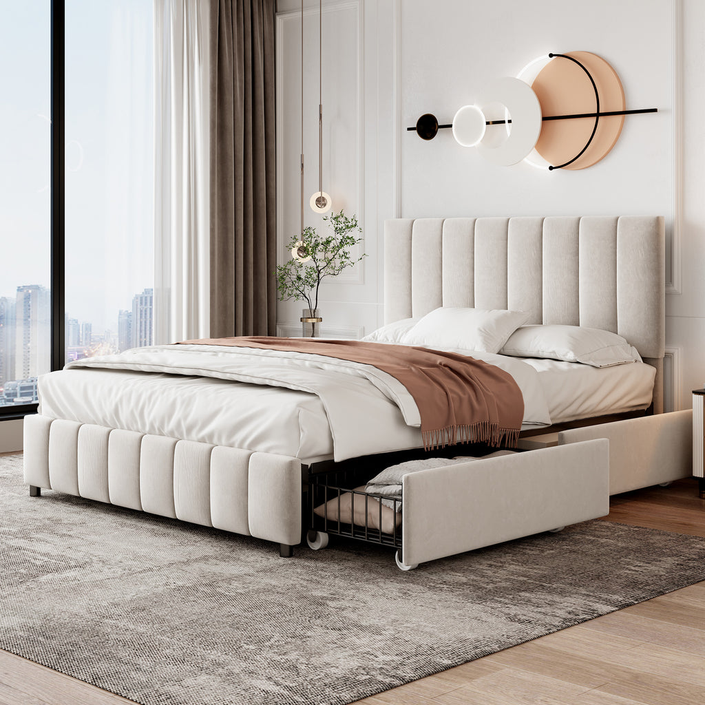 Double Bed Upholstered With 4 Storage Drawers - Beige