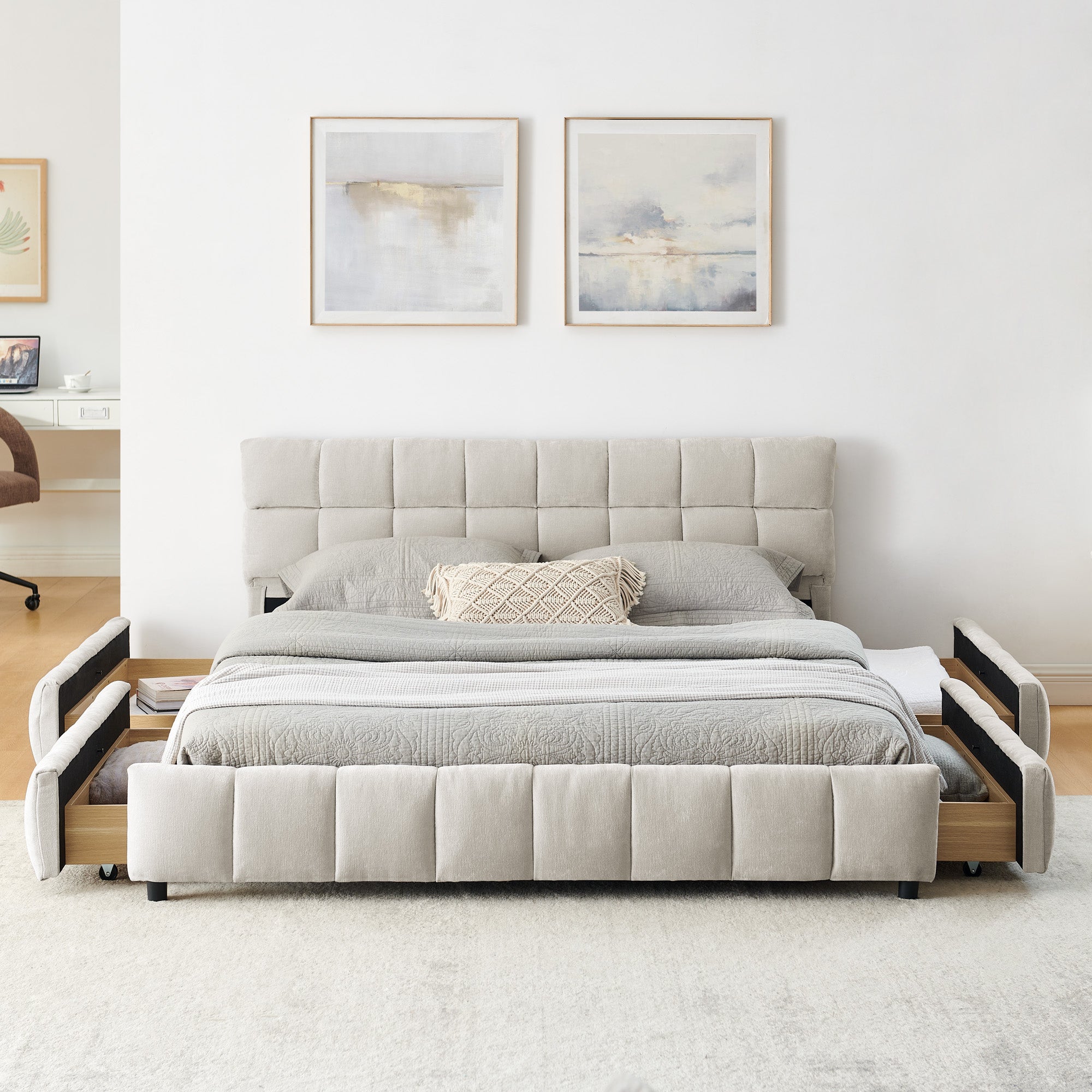 Queen Size Upholstered Bed With Headboard And Drawer For Storage - Beige