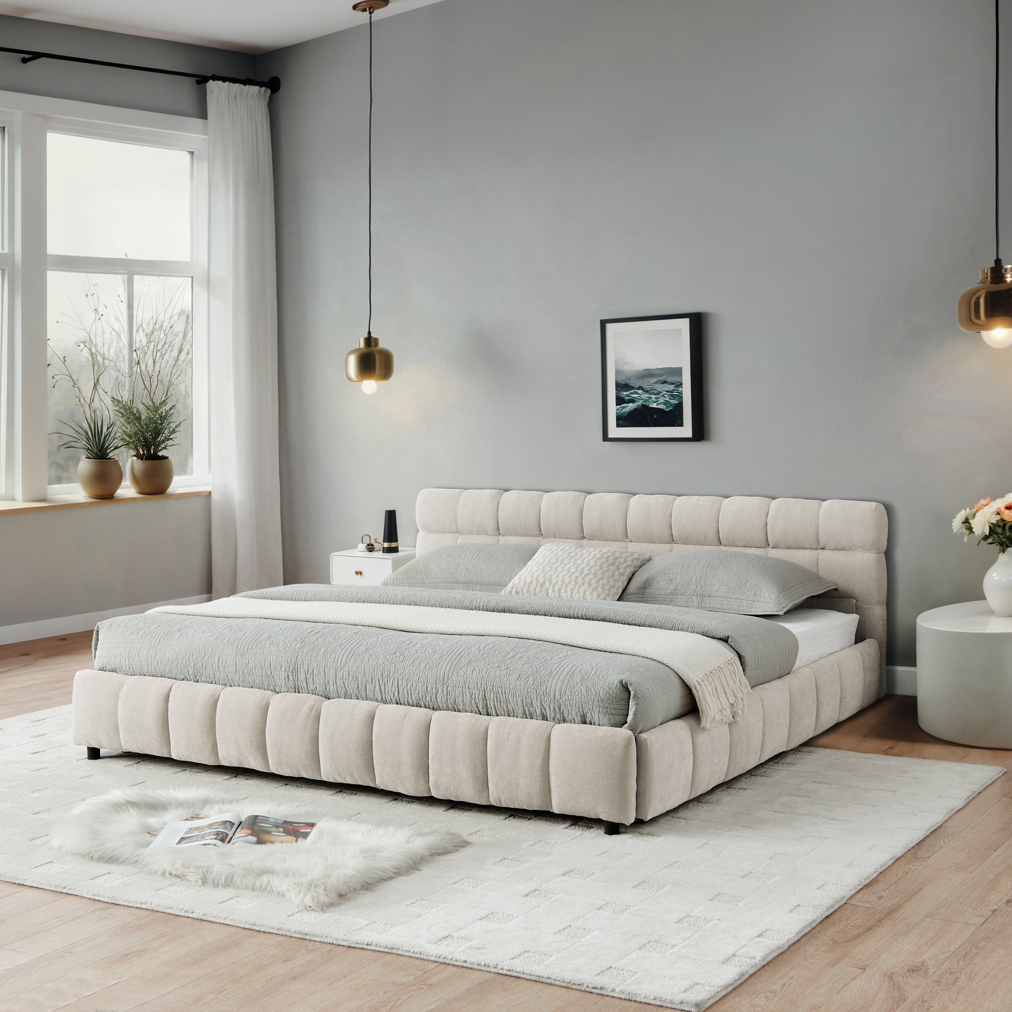 California King Size Upholstered Bed With Headboard And Drawer For Storage - Beige