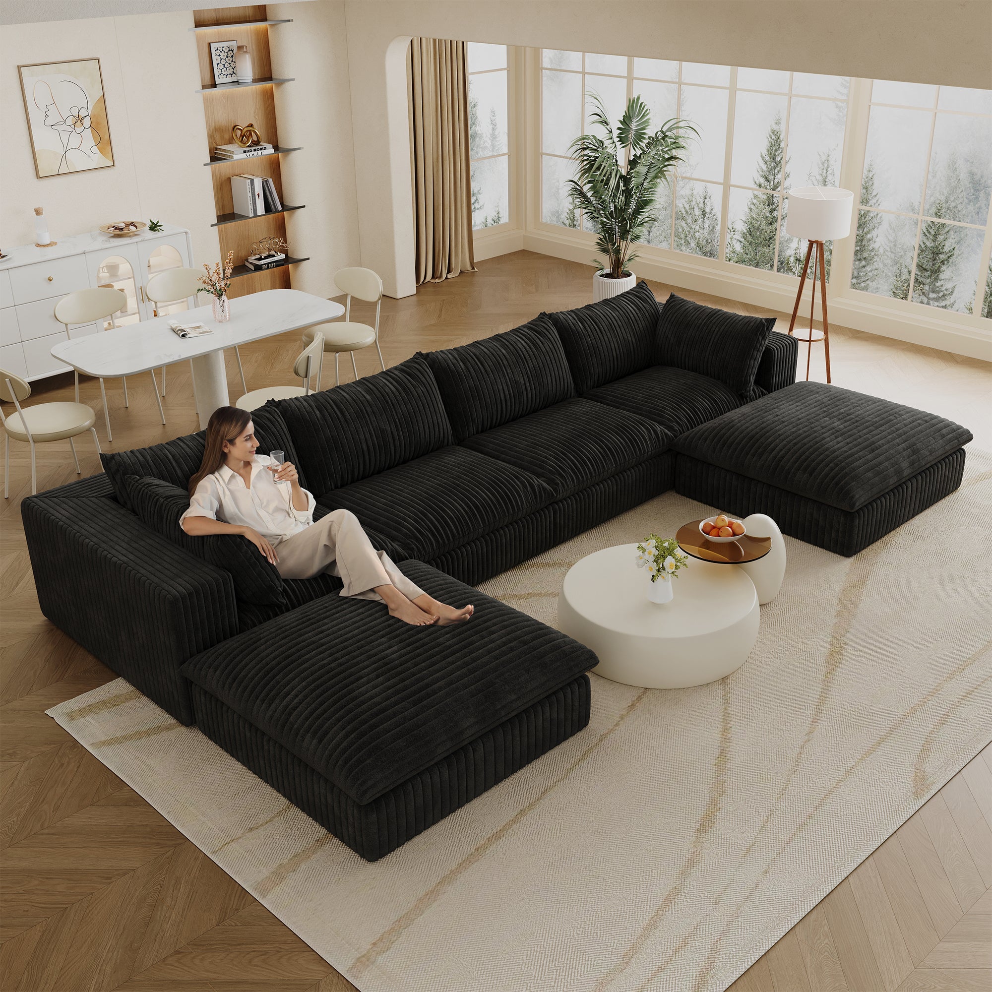 Cloud Sofa U Shaped in Corduroy Fabric - Black