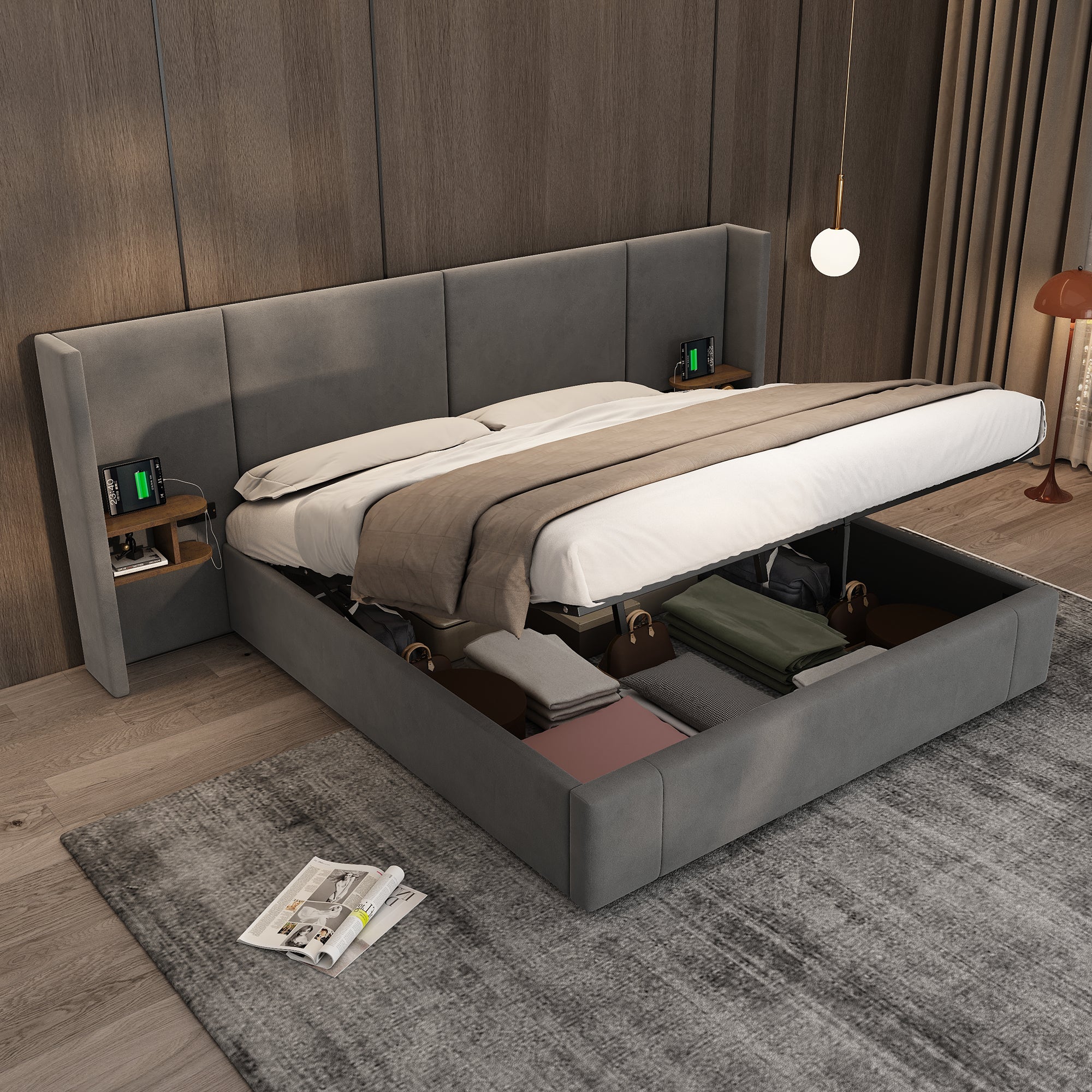 Upholstered King Size Bed With Two Bedside Tables - Grey