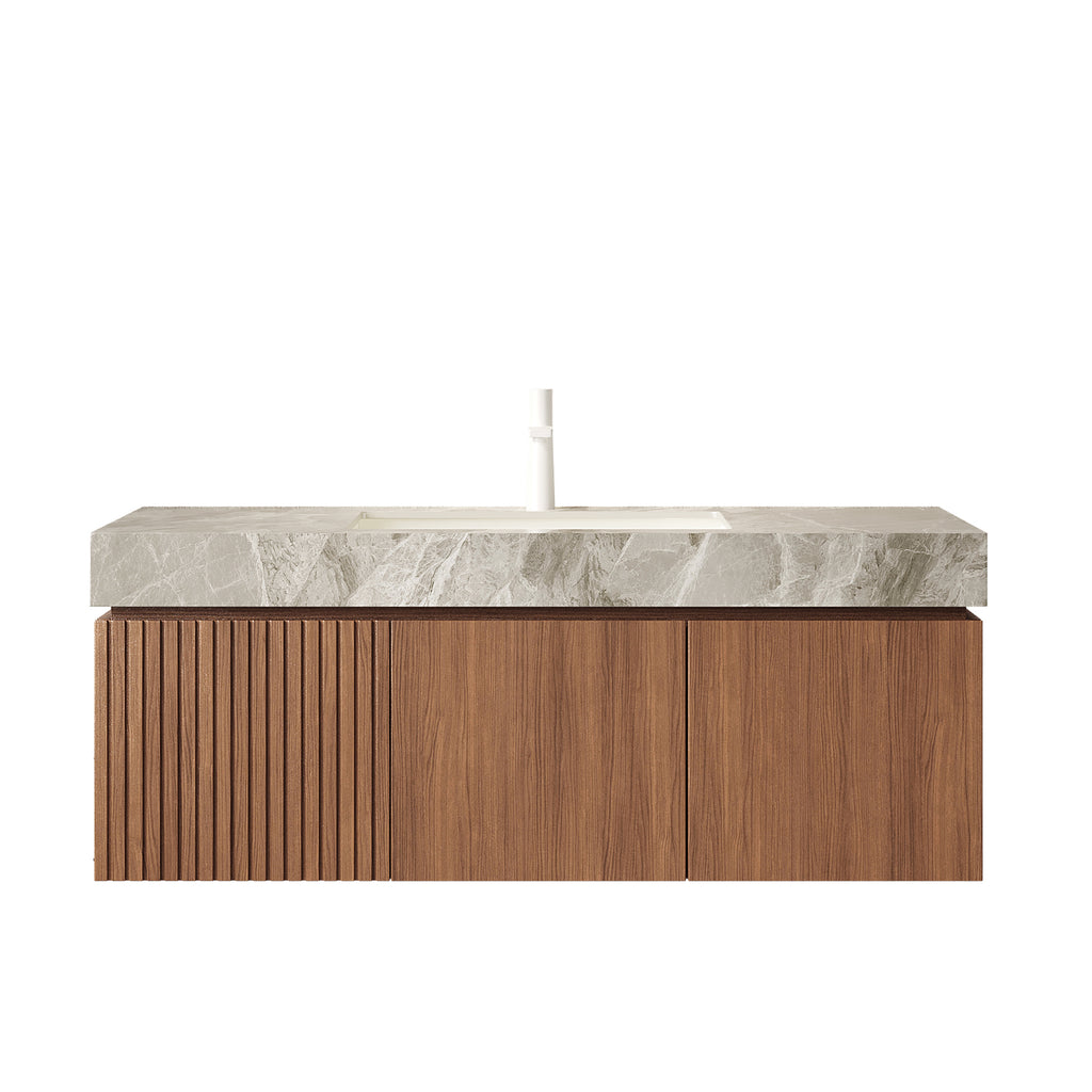 Floating Bathroom Vanity Sink and Plywood Storage Cabinet With Drawer & Doors - Brown Oak Woodgrain