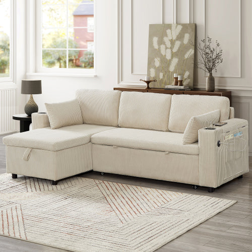 3 In 1 Convertible Corduroy Sofa Bed With Storage And Charging Station