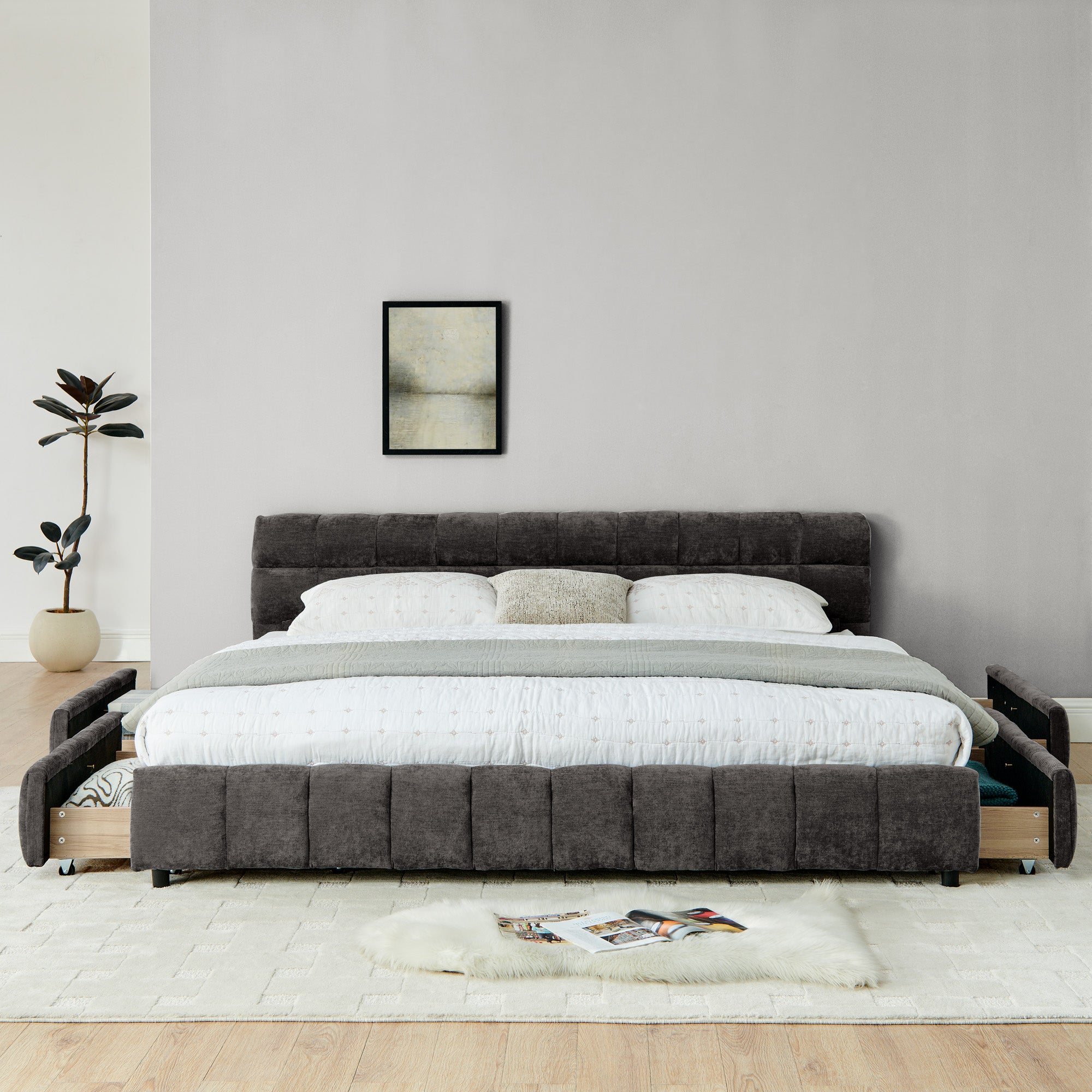 California King Size Upholstered Bed With Headboard And Drawer For Storage - Dark Gray