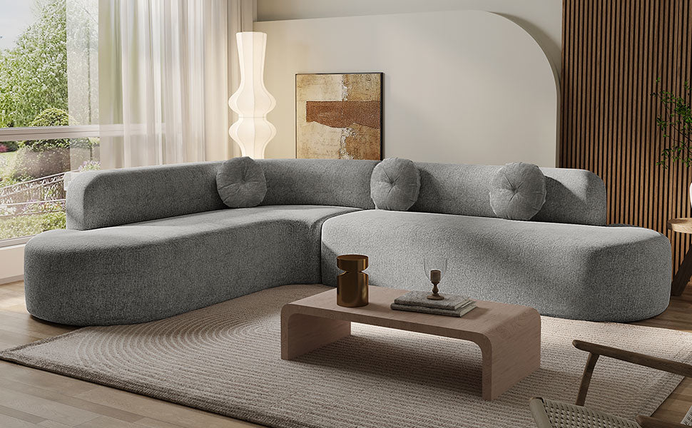 Curved Design Large Sectional Sofa With Three Round Cushions - Grey