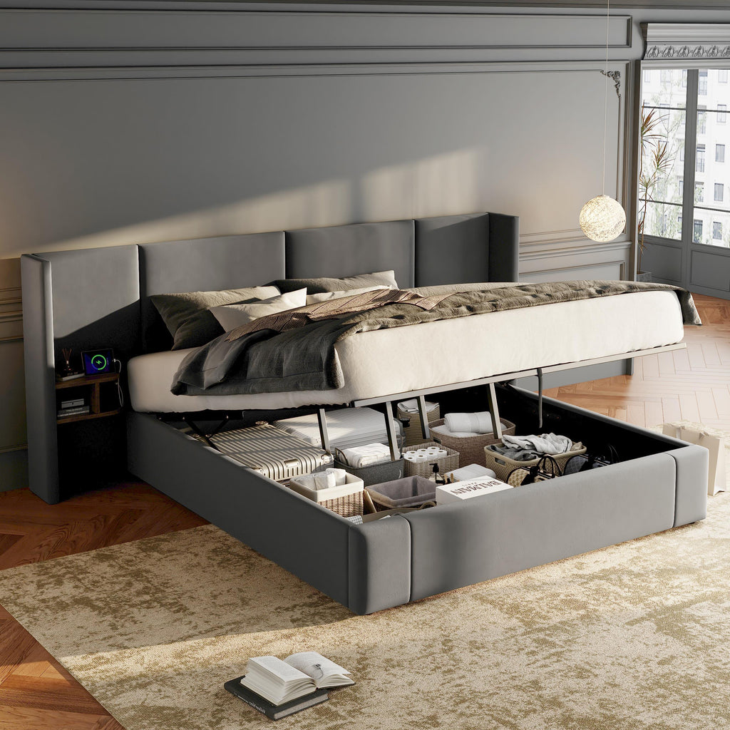 Upholstered King Size Bed With Two Bedside Tables - Grey