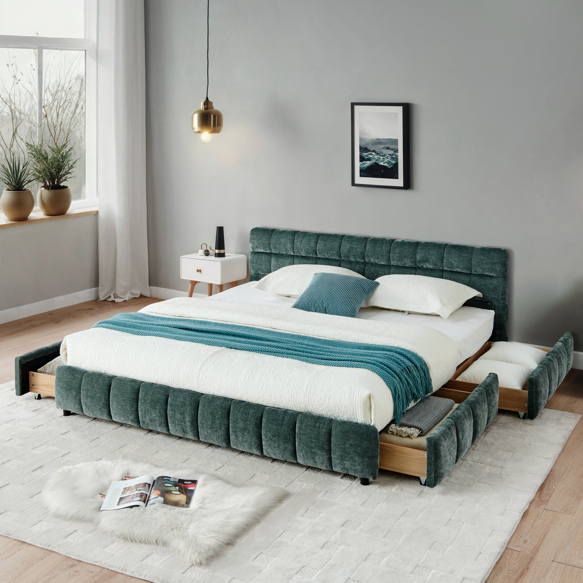 California King Size Upholstered Bed With Headboard And Drawer For Storage - Olive