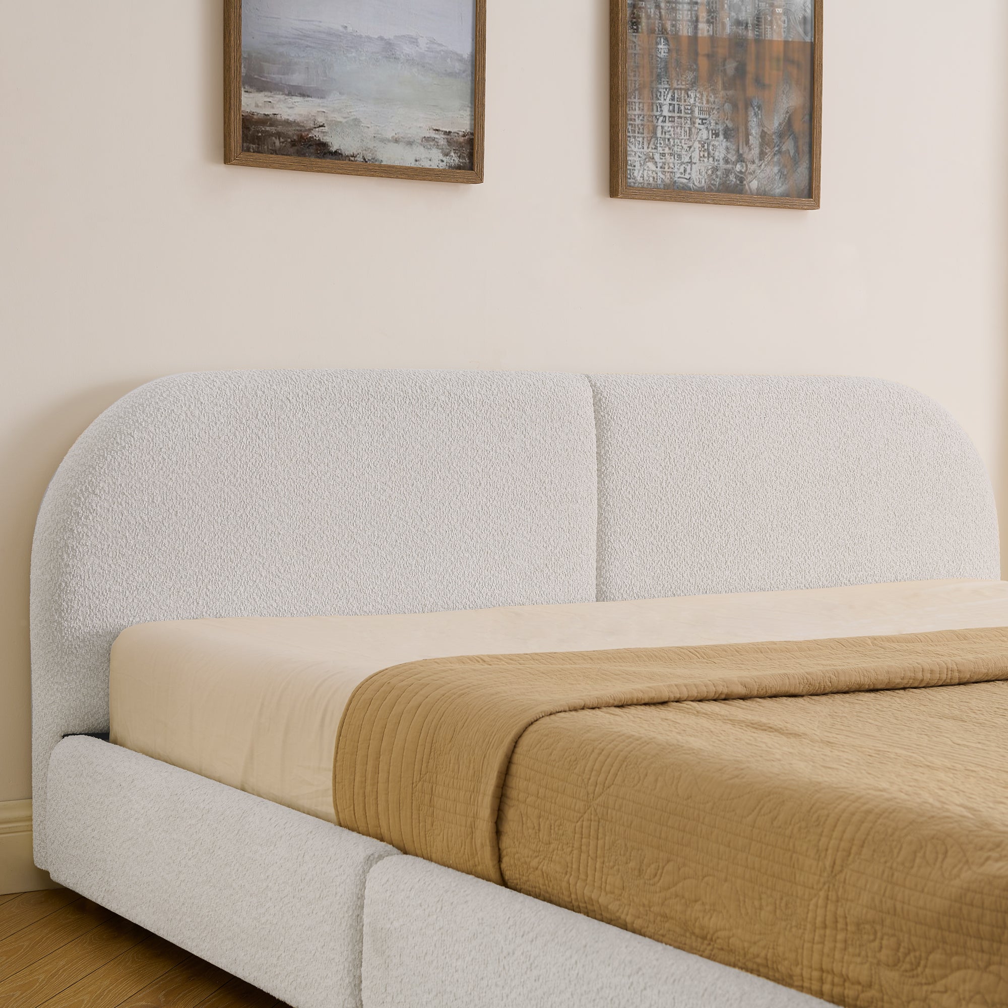 King Size Upholstered Bed Frame in Modern Minimalist Style - Beige