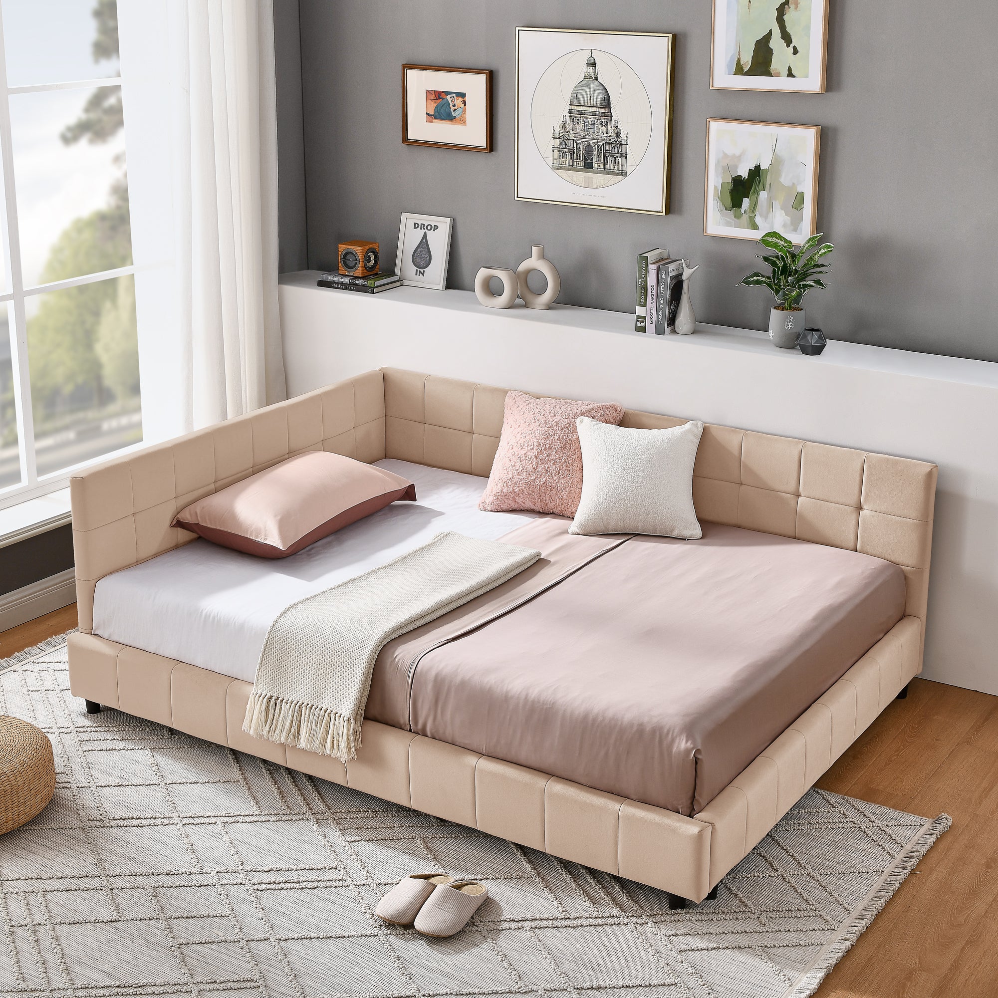 Queen Size Upholstered Tufted Bed Frame With Comfortable Backrest And Armrests - Velvet Pink