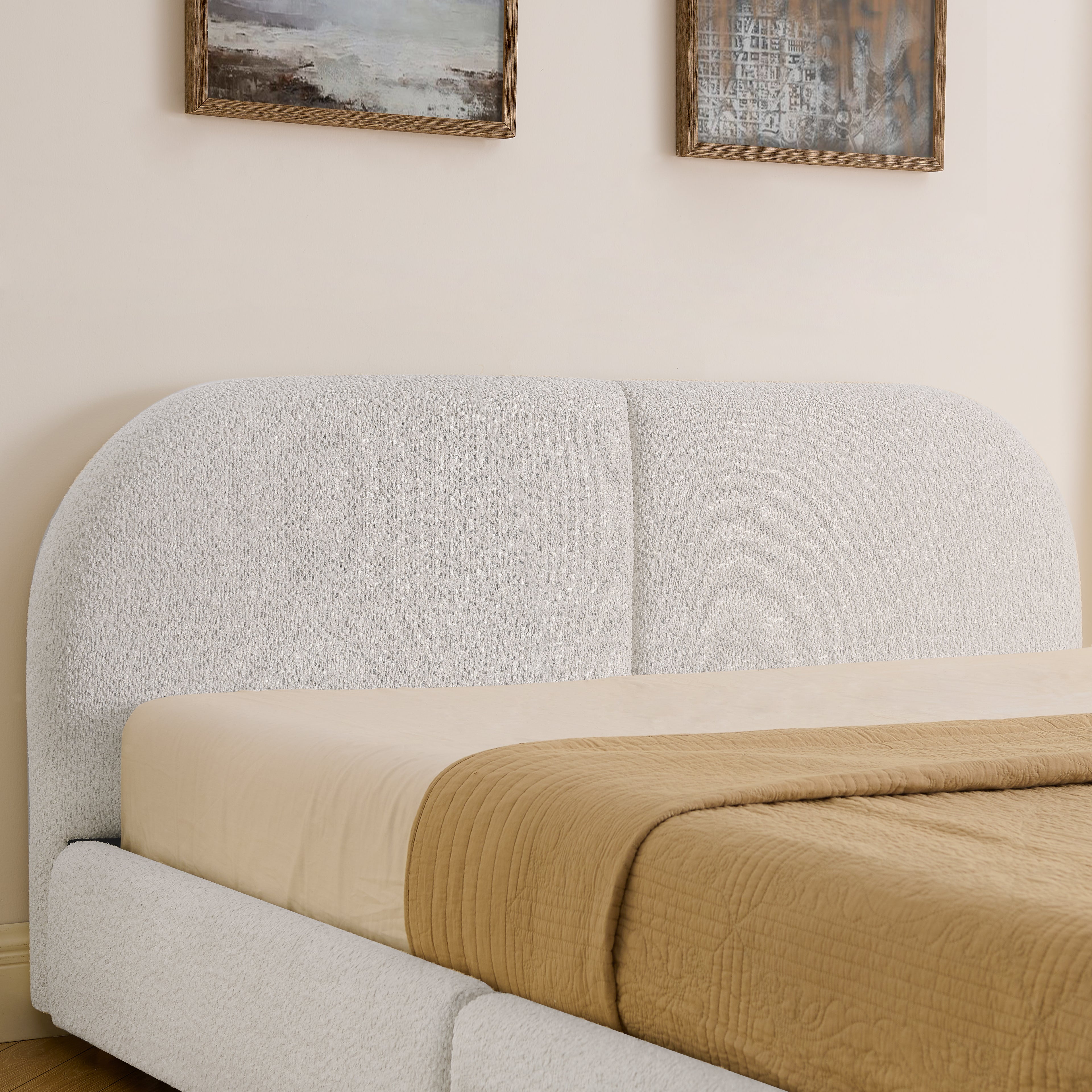 Queen Size Upholstered Bed Frame in Modern Minimalist Style - Beige