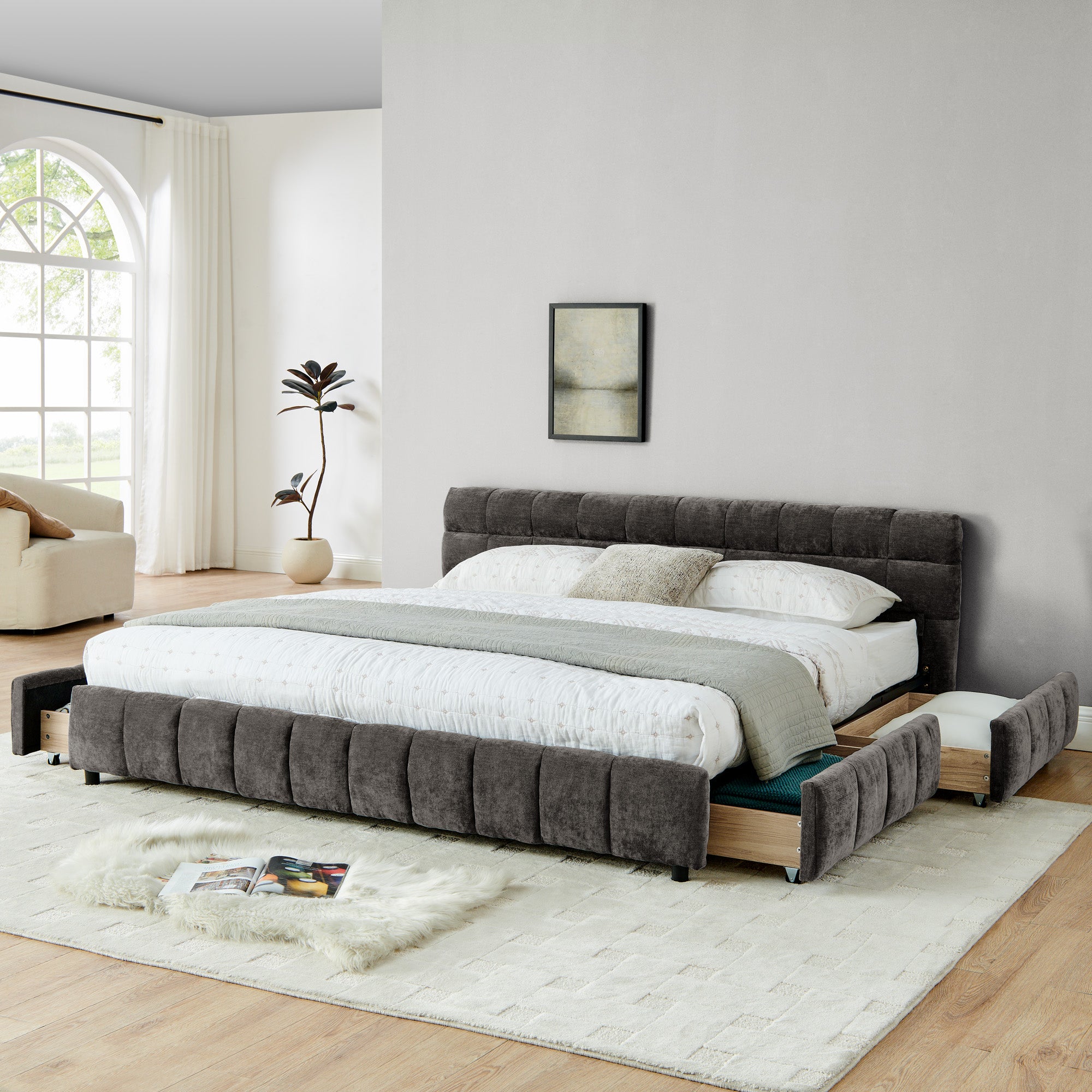 California King Size Upholstered Bed With Headboard And Drawer For Storage - Dark Gray
