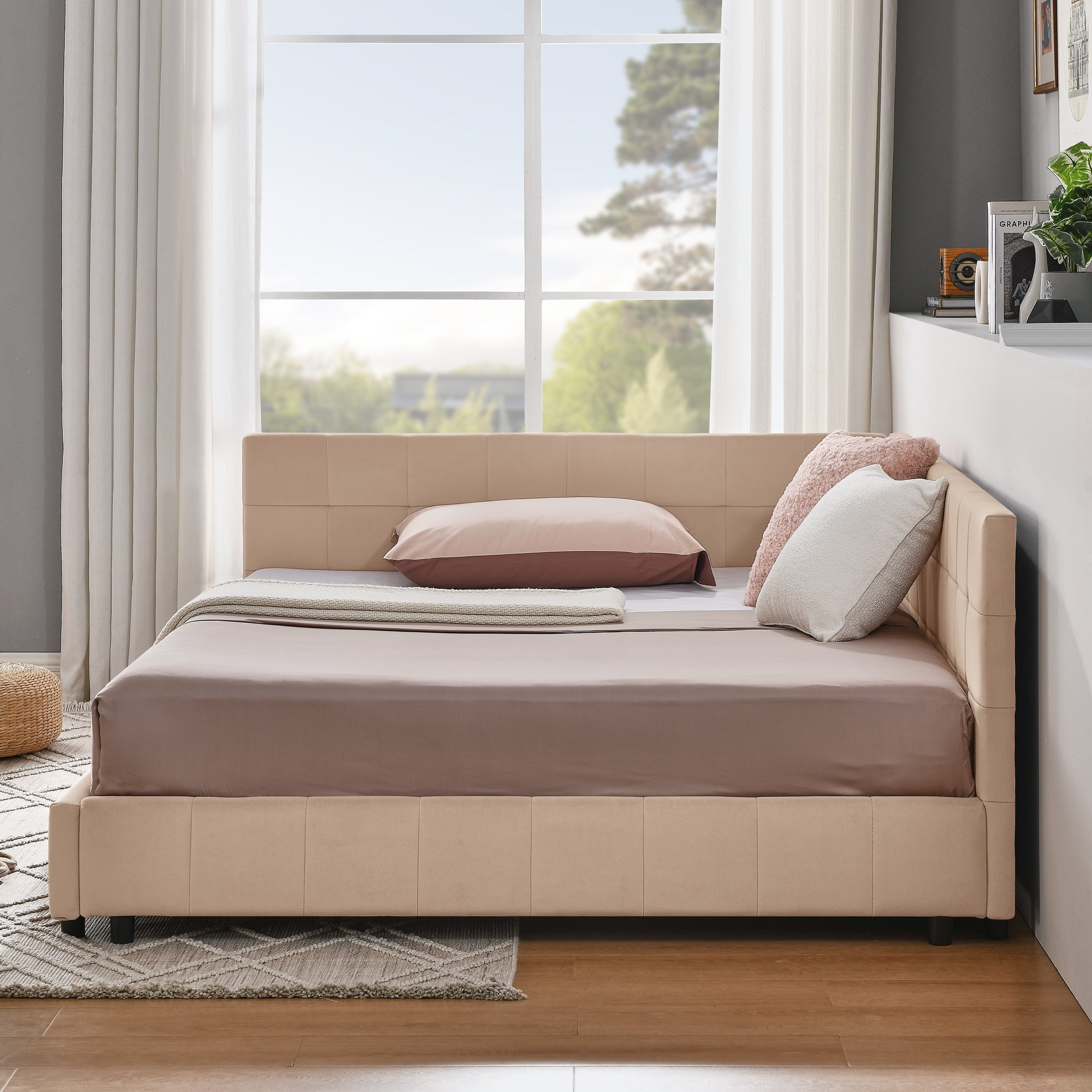 Queen Size Upholstered Tufted Bed Frame With Comfortable Backrest And Armrests - Velvet Pink