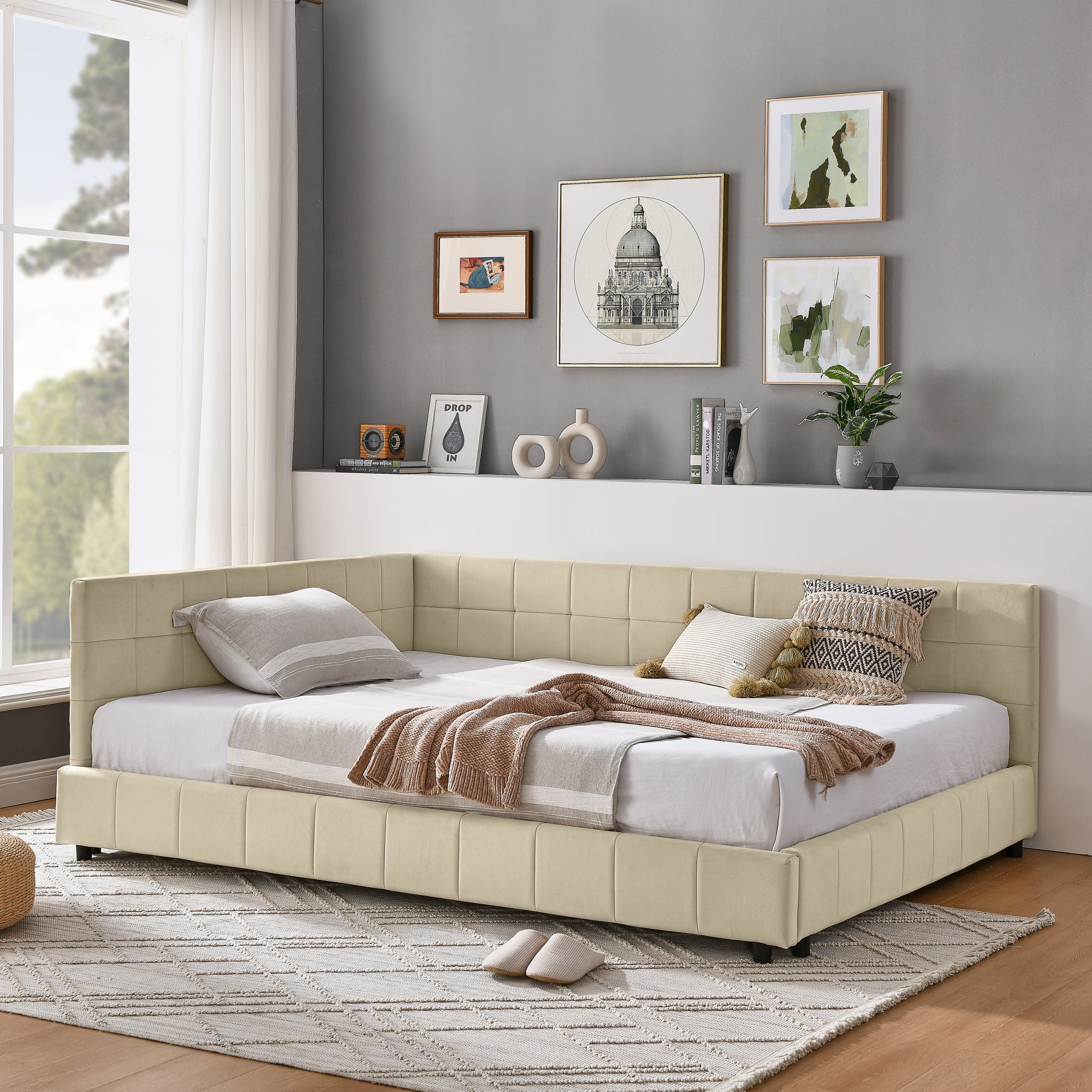 Queen Size Upholstered Tufted Bed Frame With Comfortable Backrest And Armrests - Velvet Beige