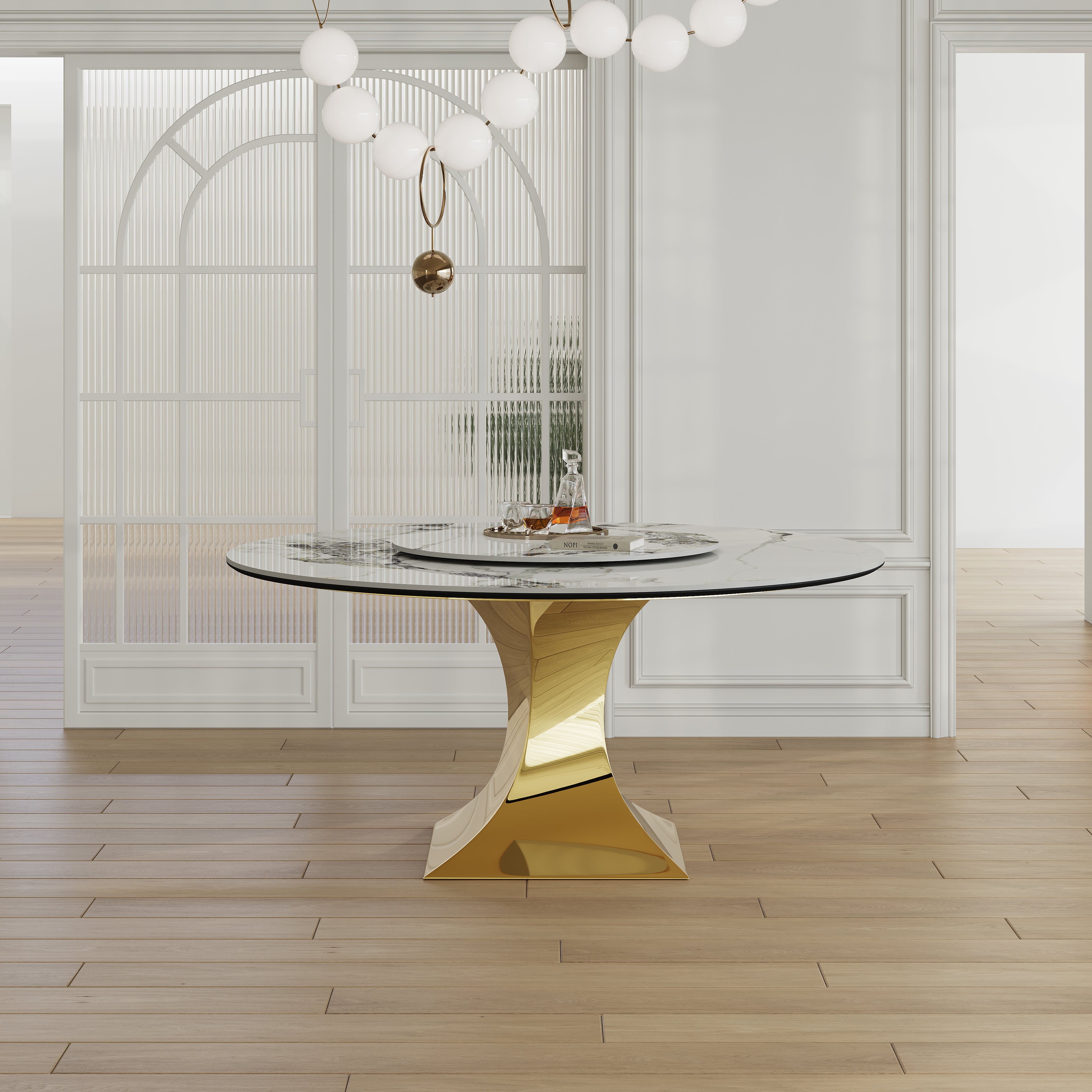 Round Sintered Stone Dining Table Set With Gold Stainless Steel Hourglass Base