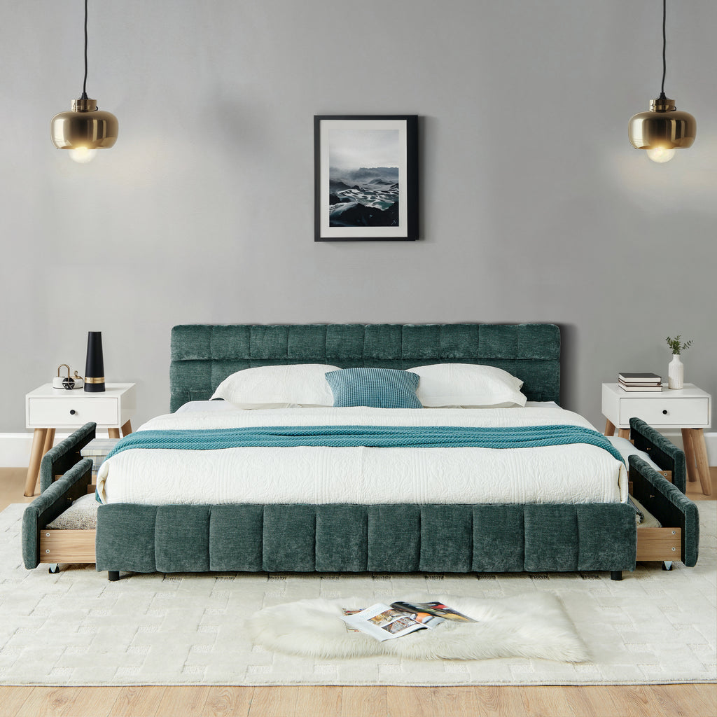 California King Size Upholstered Bed With Headboard And Drawer For Storage - Olive