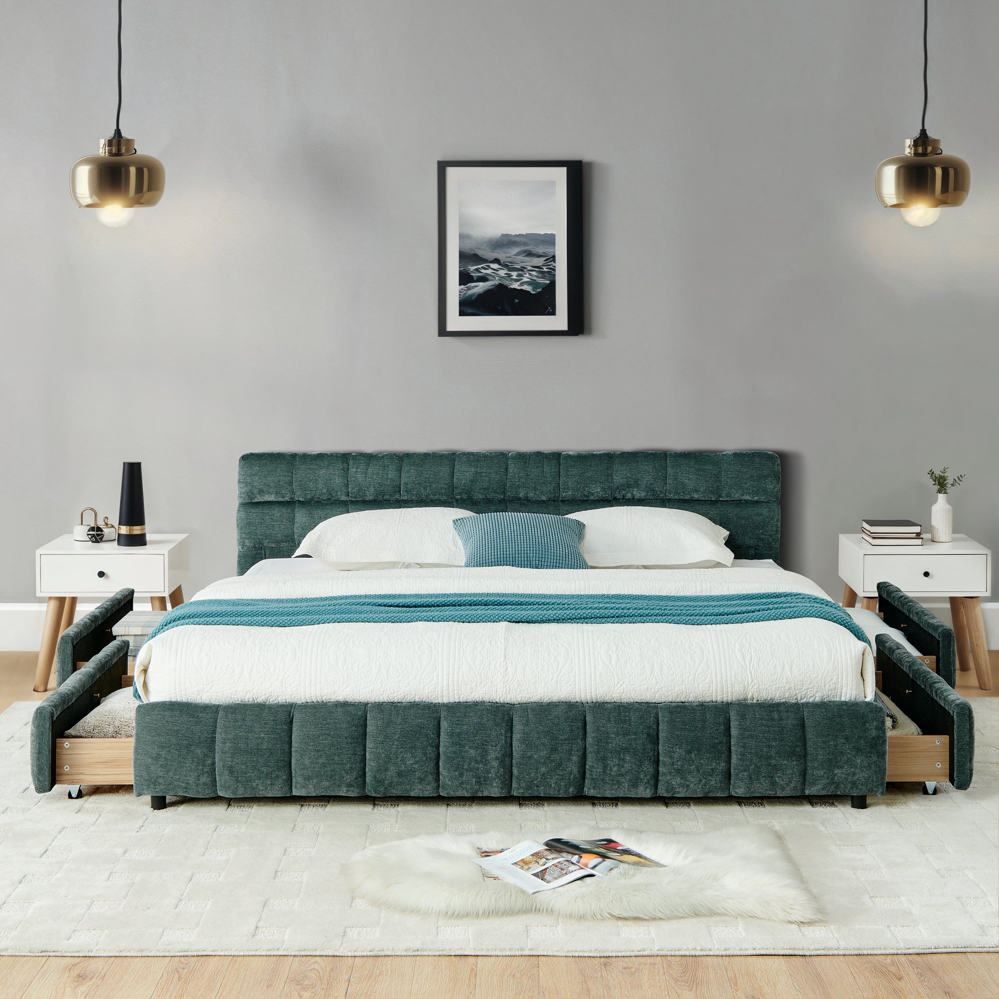 California King Size Upholstered Bed With Headboard And Drawer For Storage - Olive
